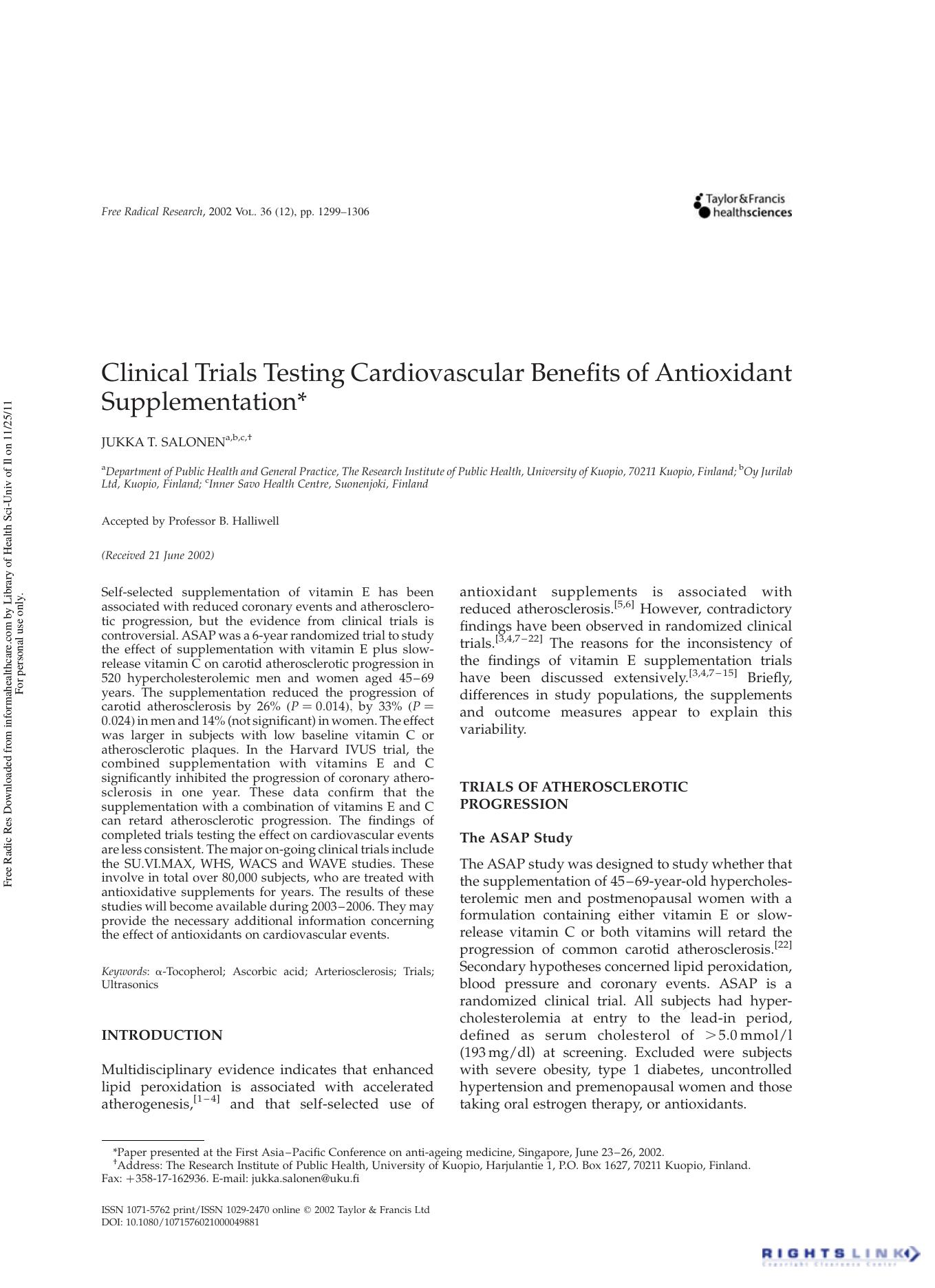Clinical Trials Testing Cardiovascular Benefits of Antioxidant Supplementation by Jukka T. Salonen