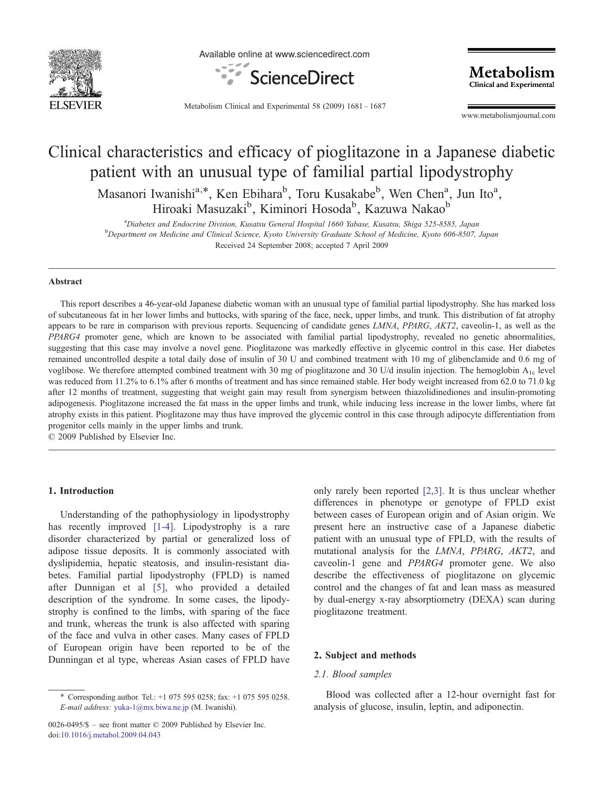 Clinical characteristics and efficacy of pioglitazone in a Japanese diabetic patient with an unusual type of familial partial lipodystrophy by unknow