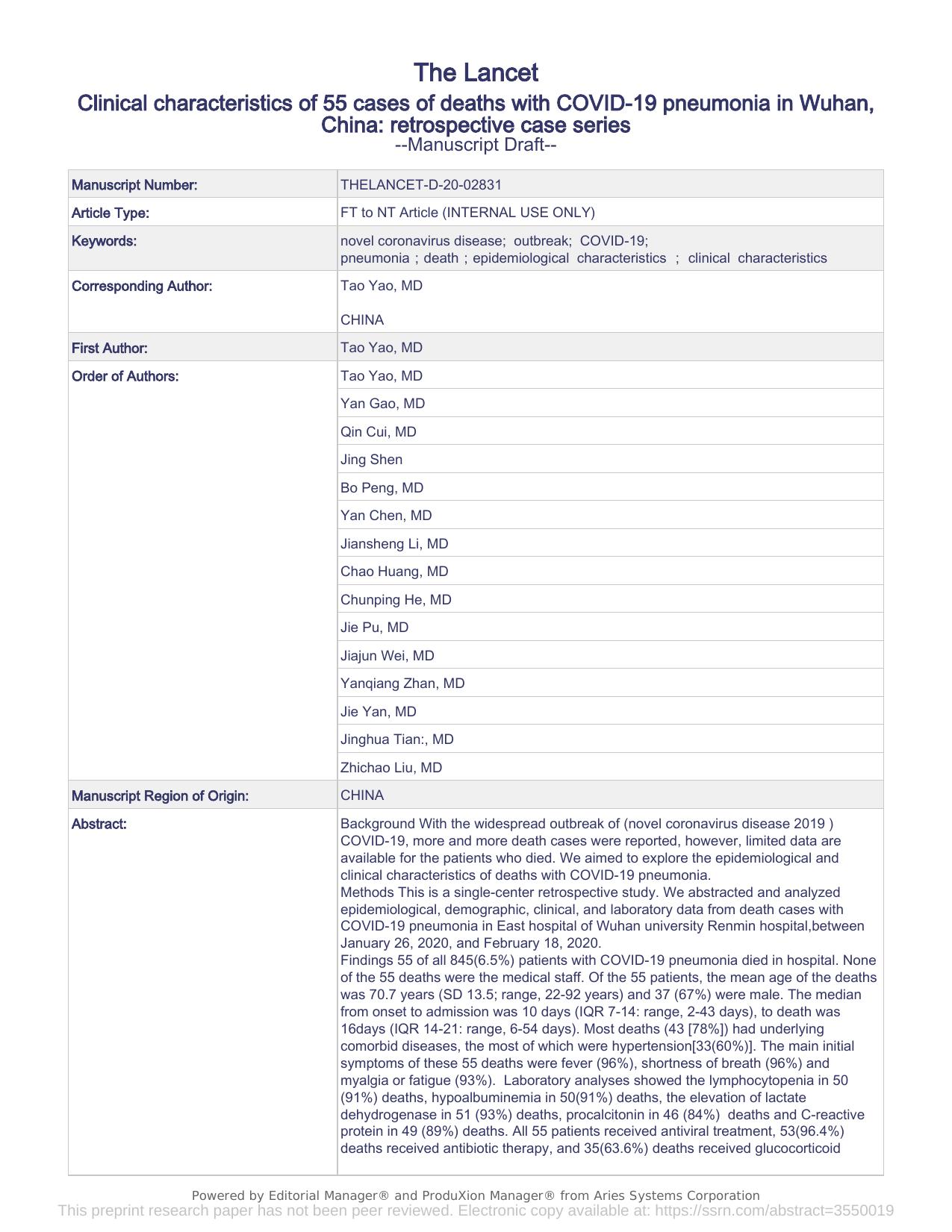 Clinical characteristics of 55 cases of deaths with COVID-19 pneumonia in Wuhan, China: retrospective case series by Tao Yao