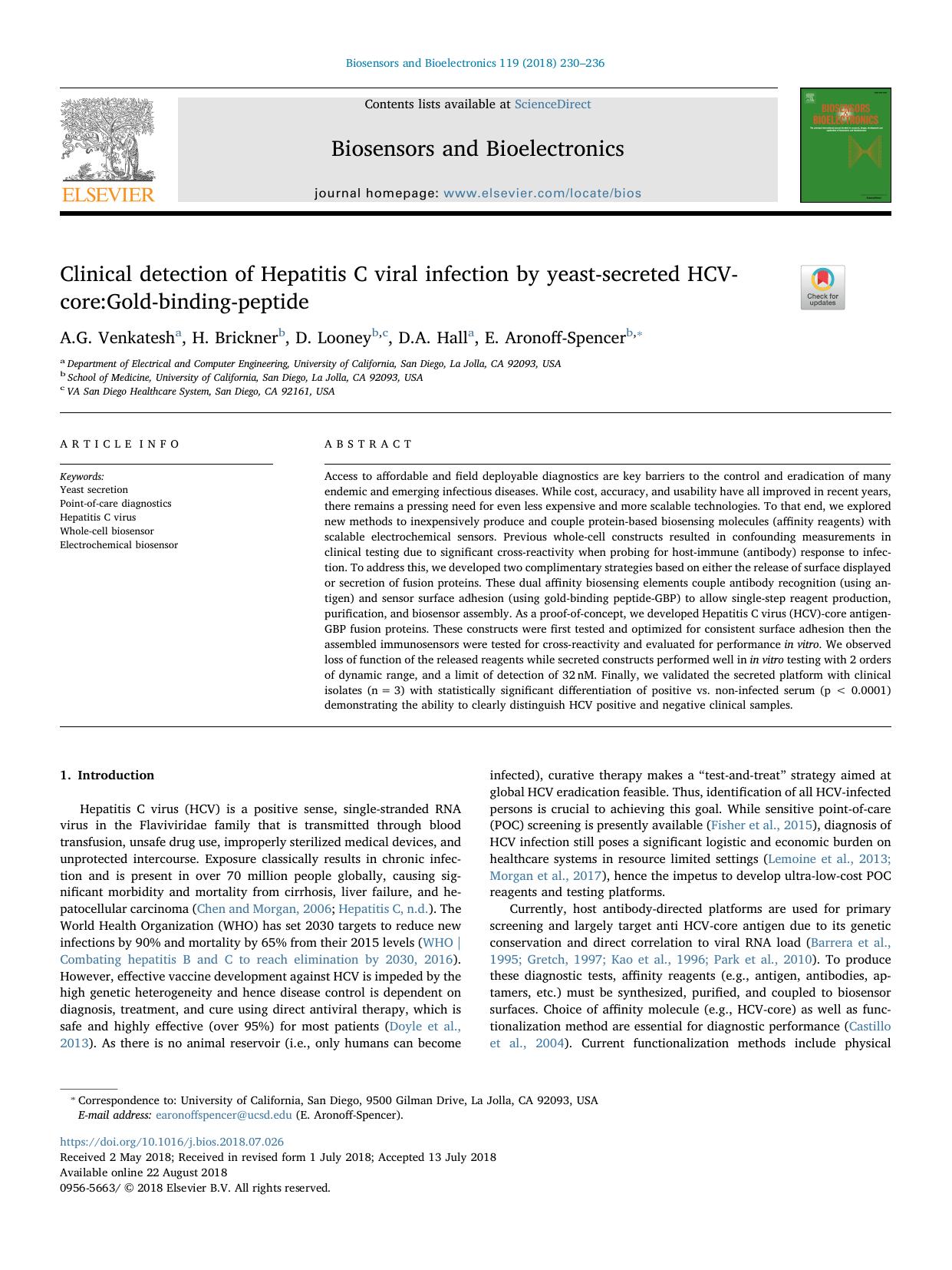 Clinical detection of Hepatitis C viral infection by yeast-secreted HCV-core_Gold-binding-peptide by A.G. Venkatesh & H. Brickner & D. Looney & D.A. Hall & E. Aronoff-Spencer