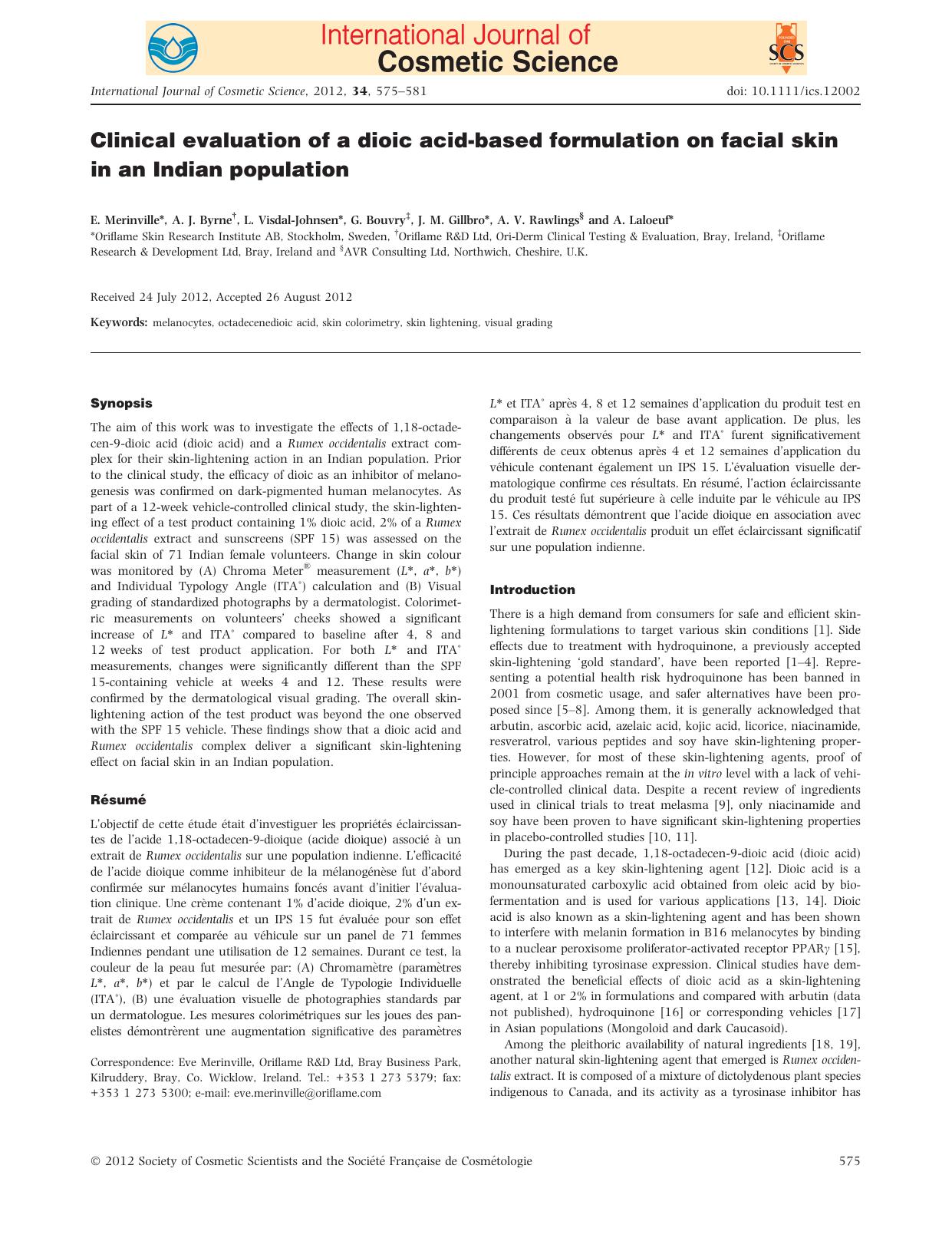 Clinical evaluation of a dioic acidbased formulation on facial skin in an Indian population by Unknown
