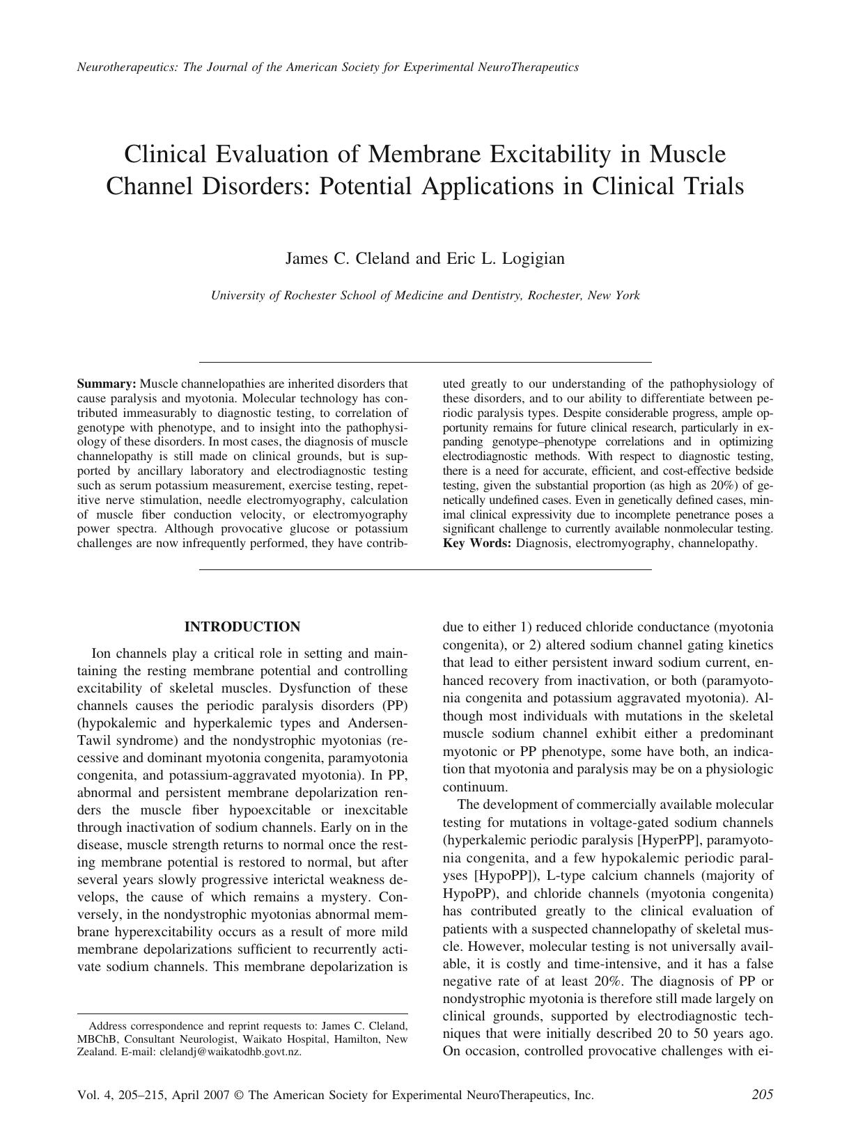 Clinical evaluation of membrane excitability in muscle channel disorders: Potential applications in clinical trials by Unknown