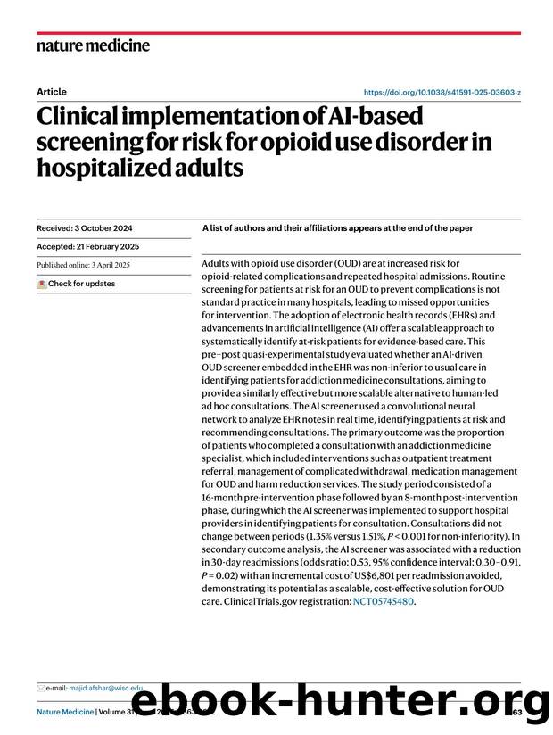 Clinical implementation of AI-based screening for risk for opioid use disorder in hospitalized adults by unknow