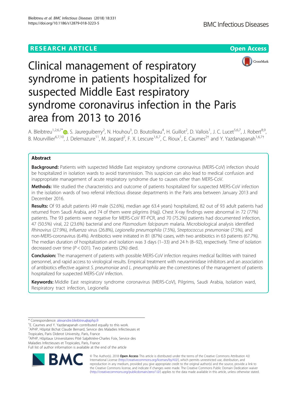 Clinical management of respiratory syndrome in patients hospitalized for suspected Middle East respiratory syndrome coronavirus infection in the Paris area from 2013 to 2016 by unknow