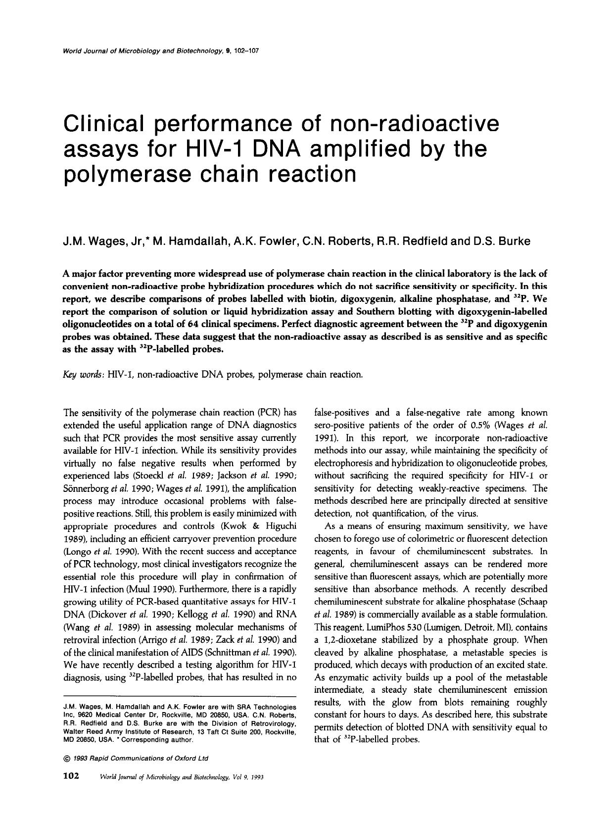 Clinical performance of non-radioactive assays for HIV-1 DNA amplified by the polymerase chain reaction by Unknown
