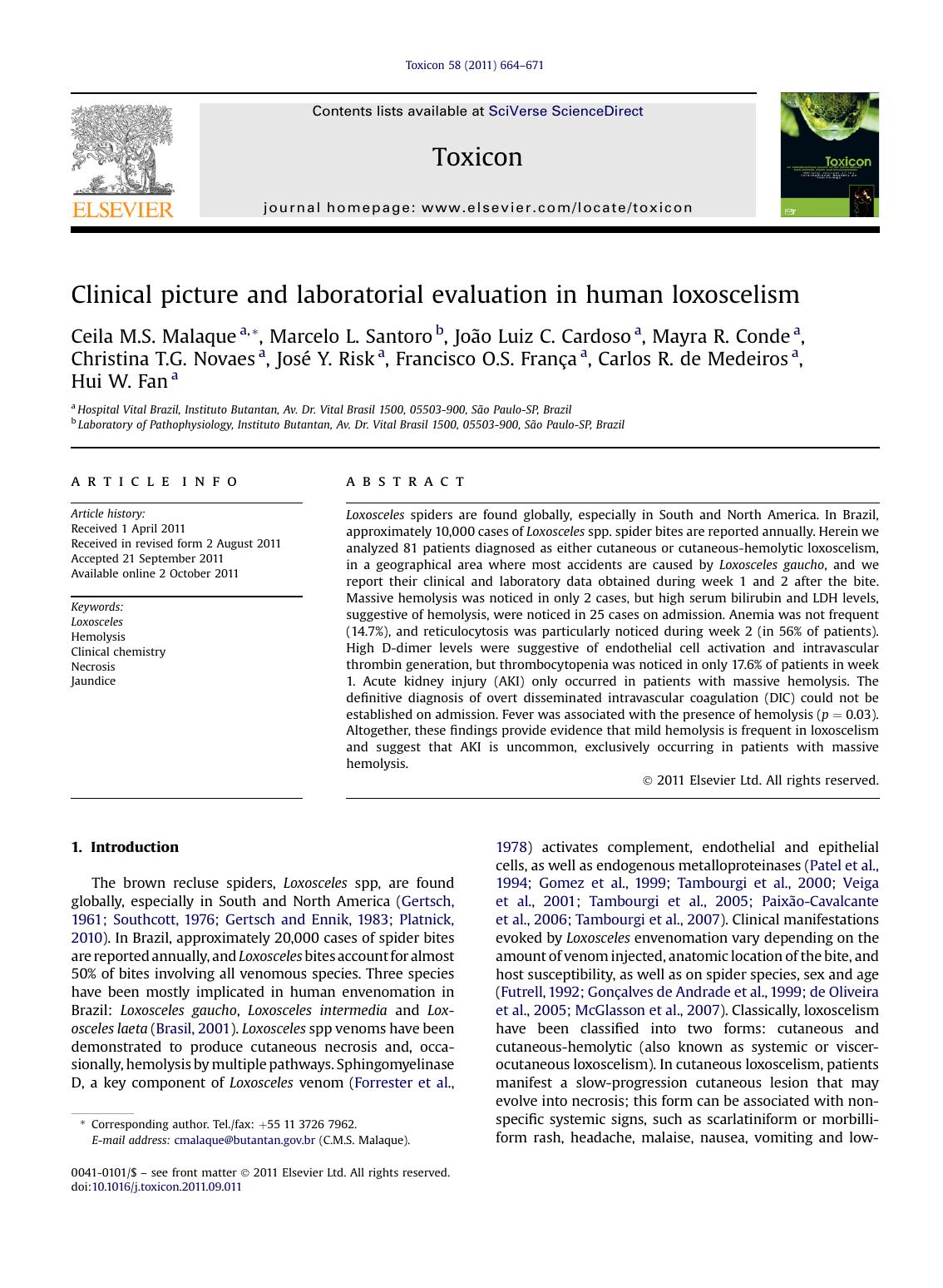Clinical picture and laboratorial evaluation in human loxoscelism by unknow