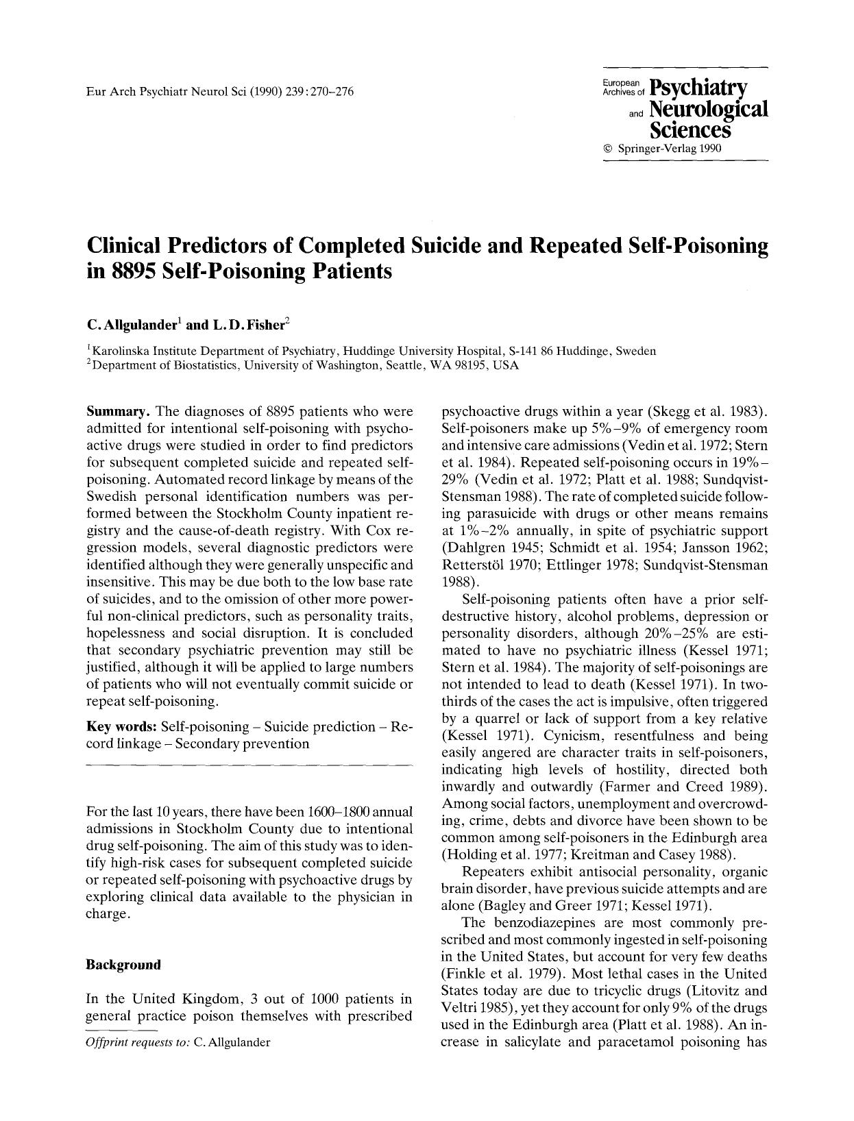 Clinical predictors of completed suicide and repeated self-poisoning in 8895 self-poisoning patients by Unknown