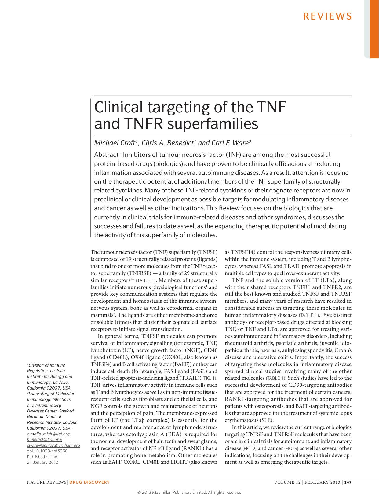 Clinical targeting of the TNF and TNFR superfamilies by Michael Croft & Chris A. Benedict & Carl F. Ware