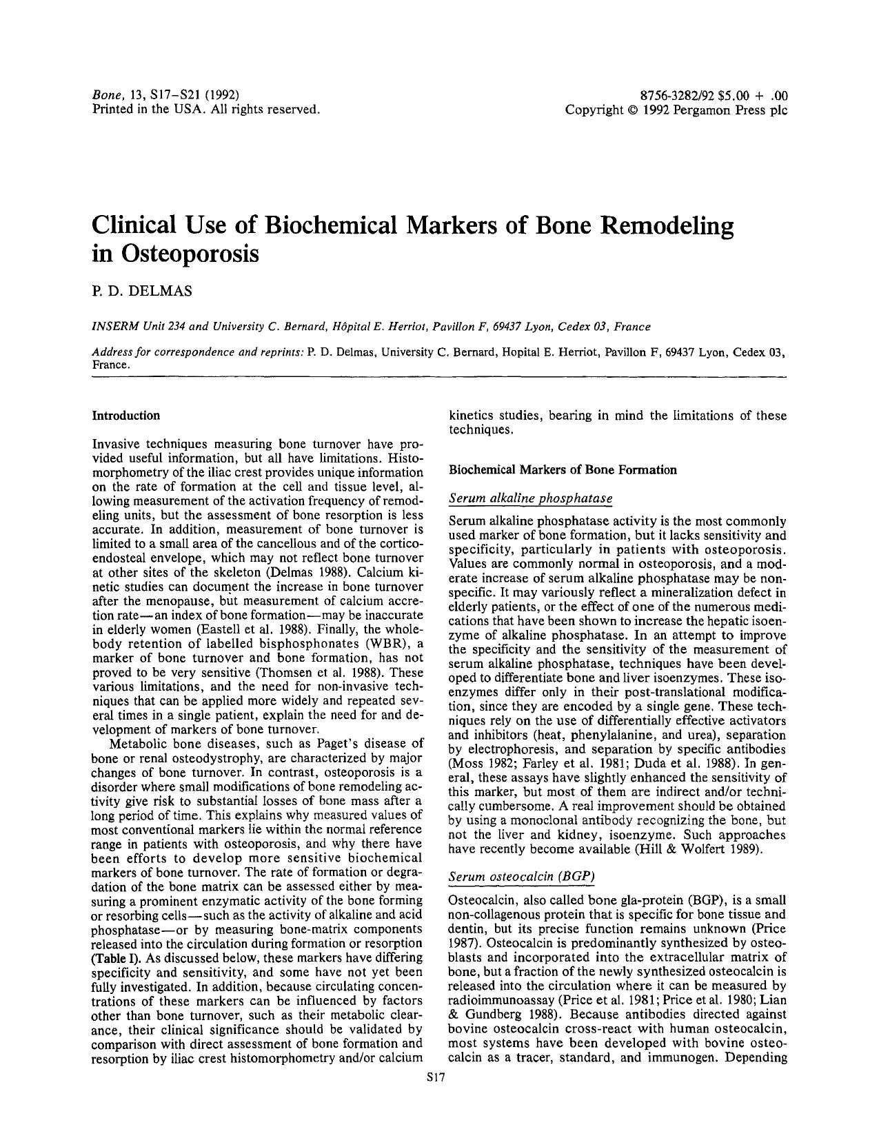Clinical use of biochemical markers of bone remodeling in osteoporosis by P.D. Delmas