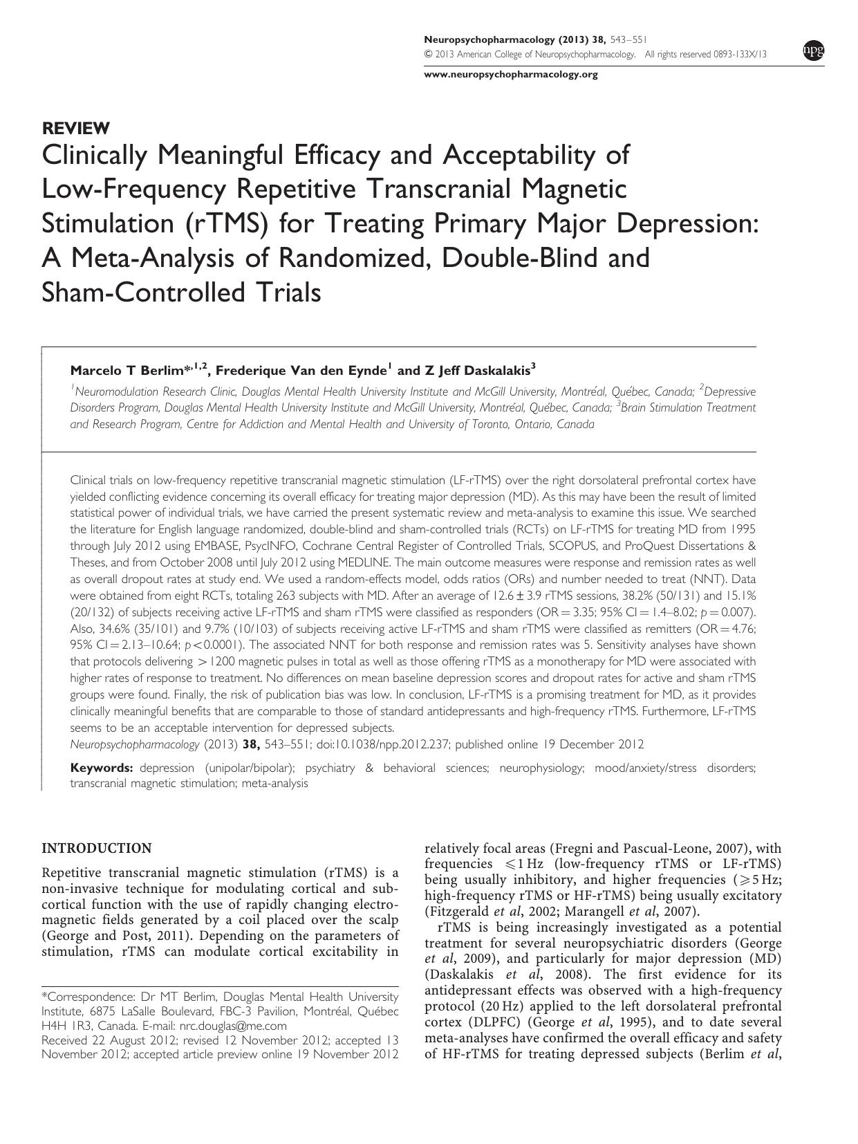 Clinically Meaningful Efficacy and Acceptability of Low-Frequency Repetitive Transcranial Magnetic Stimulation (rTMS) for Treating Primary Major Depression: A Meta-Analysis of Rand by Marcelo T Berlim & Frederique Van den Eynde & Z Jeff Daskalakis