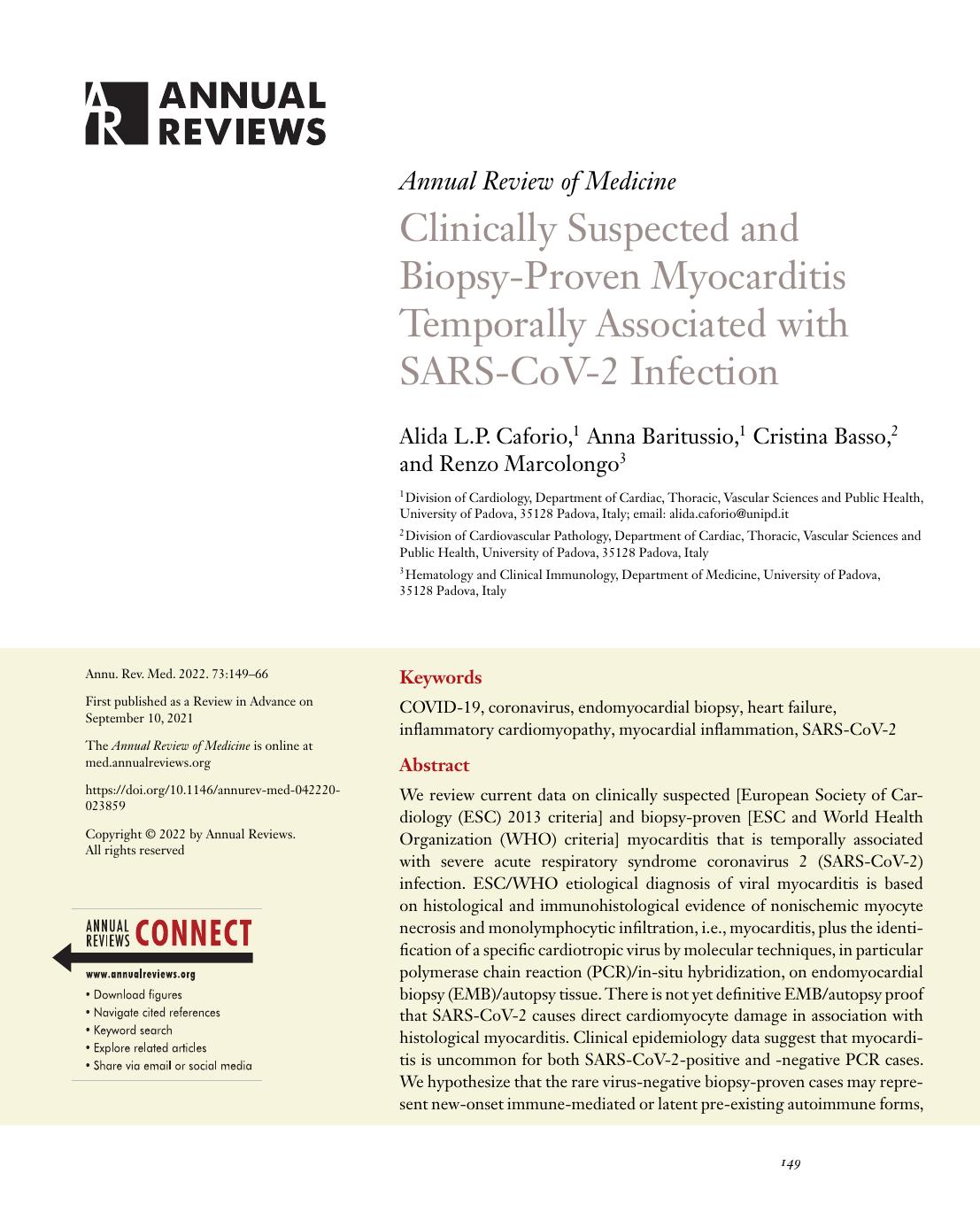 Clinically Suspected and Biopsy-Proven Myocarditis Temporally Associated with SARS-CoV-2 Infection by Alida L.P. Caforio Anna Baritussio Cristina Basso Renzo Marcolongo