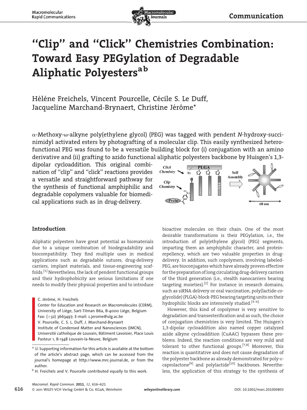 Clip and Click Chemistries Combination: Toward Easy PEGylation of Degradable Aliphatic Polyesters by Unknown