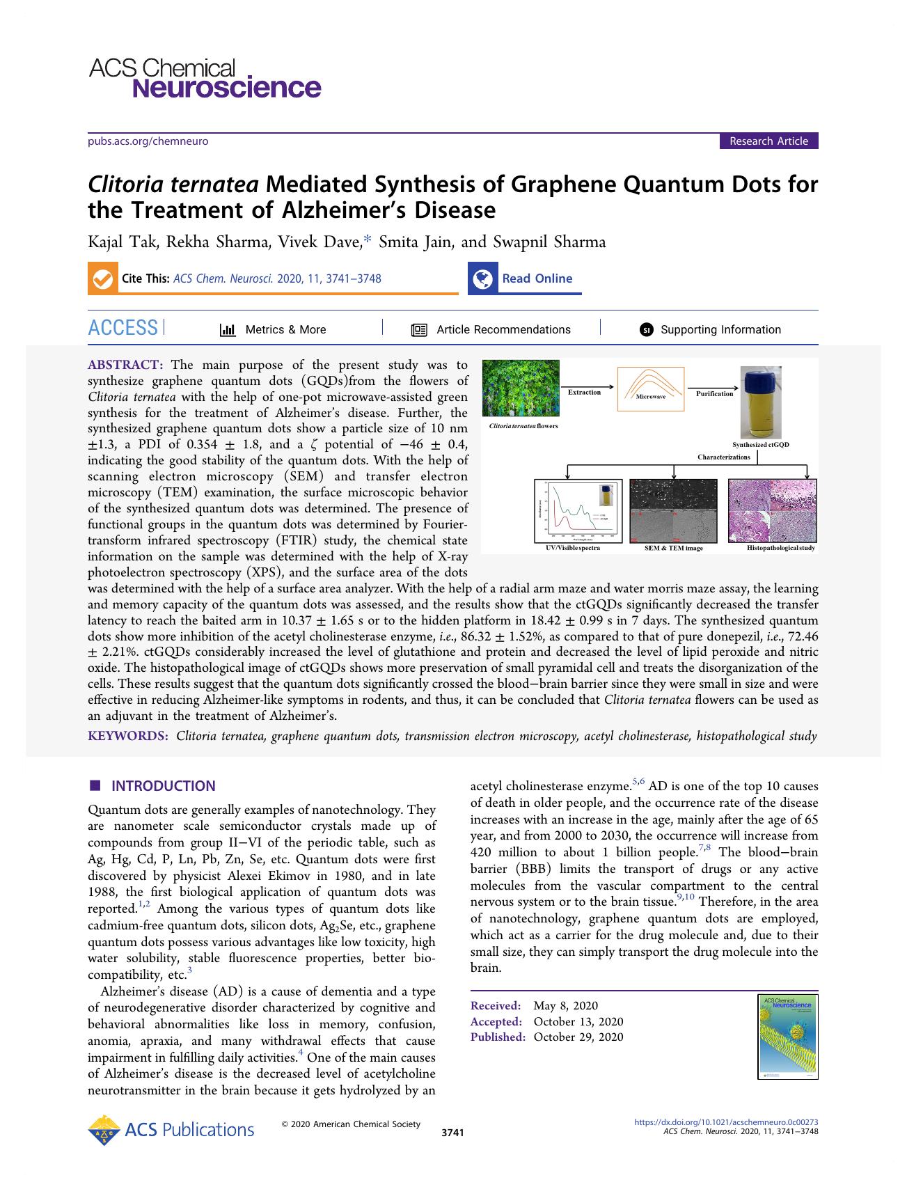 Clitoria ternatea Mediated Synthesis of Graphene Quantum Dots for the Treatment of Alzheimerâs Disease by Kajal Tak Rekha Sharma Vivek Dave Smita Jain and Swapnil Sharma