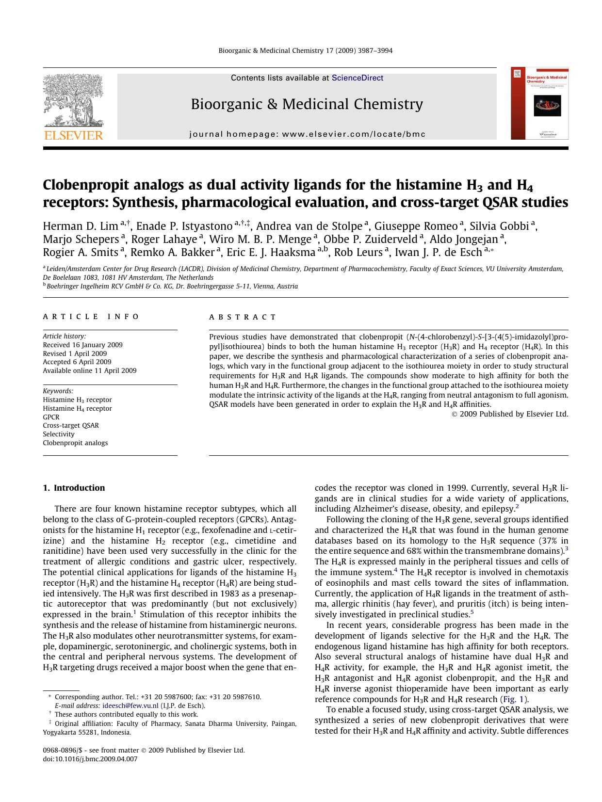 Clobenpropit analogs as dual activity ligands for the histamine H3 and H4 receptors: Synthesis, pharmacological evaluation, and cross-target QSAR studies by unknow
