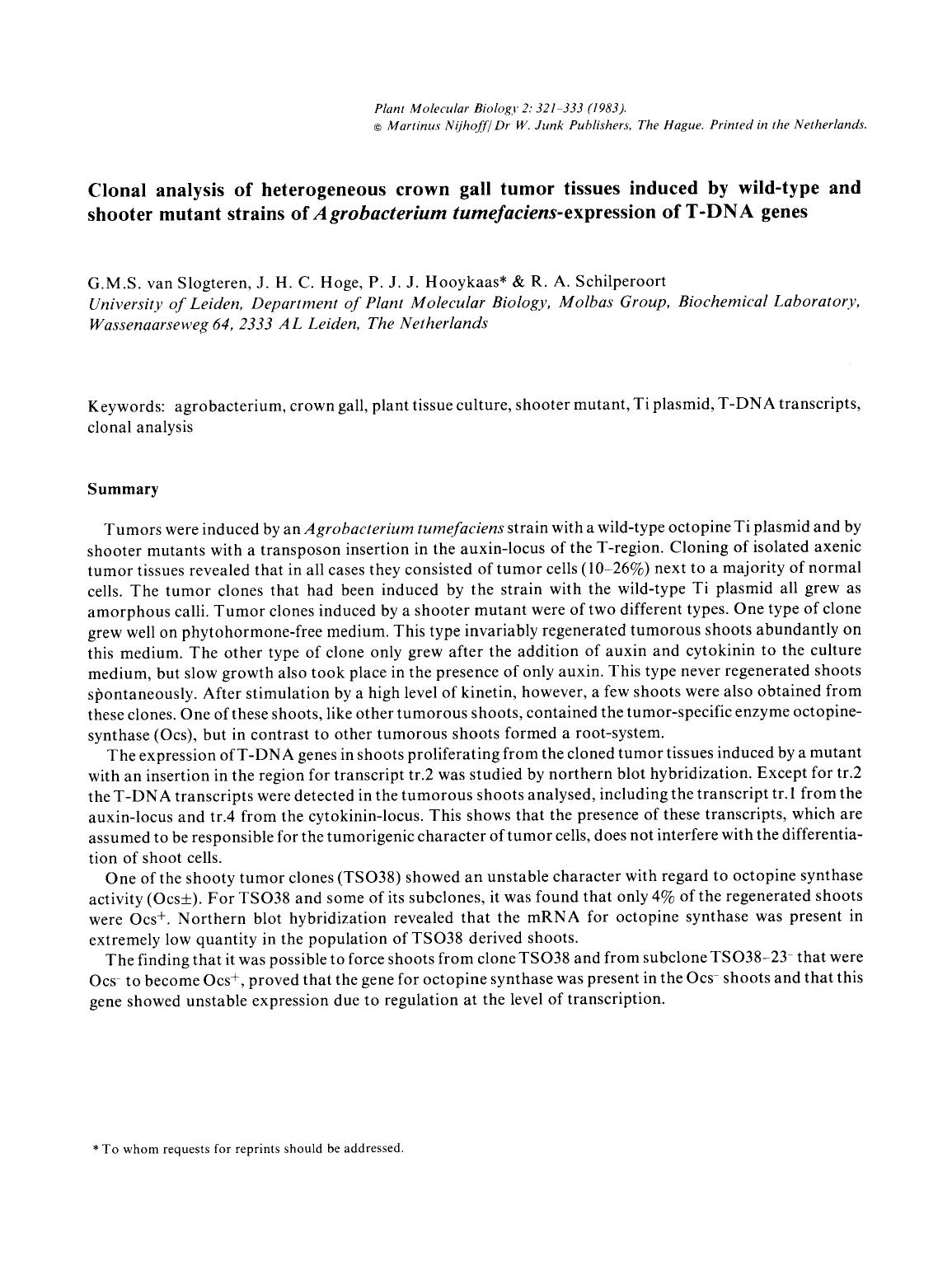 Clonal analysis of heterogeneous crown gall tumor tissues induced by wild-type and shooter mutant strains of <Emphasis Type="Italic">Agrobacterium tumefaciens <Emphasis>-expression of T-DNA genes by Unknown