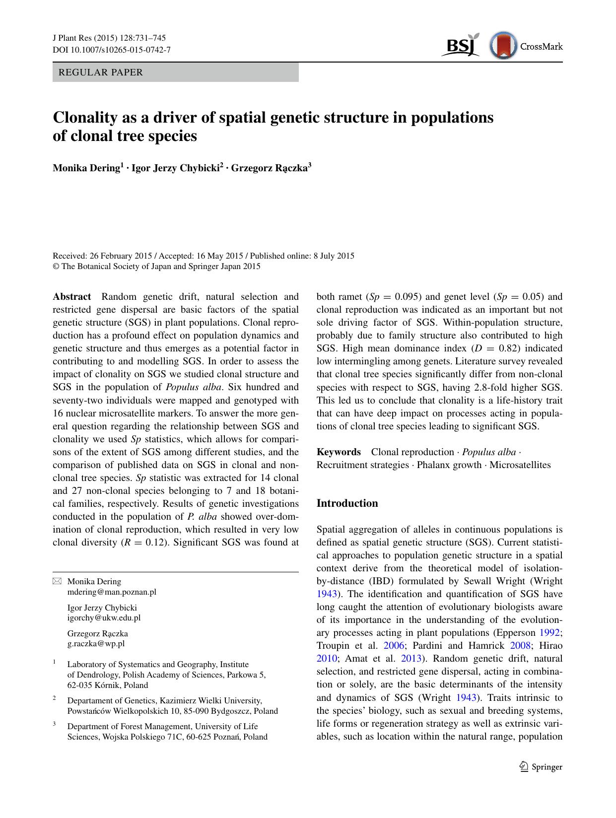 Clonality as a driver of spatial genetic structure in populations of clonal tree species by Monika Dering & Igor Jerzy Chybicki & Grzegorz Rączka