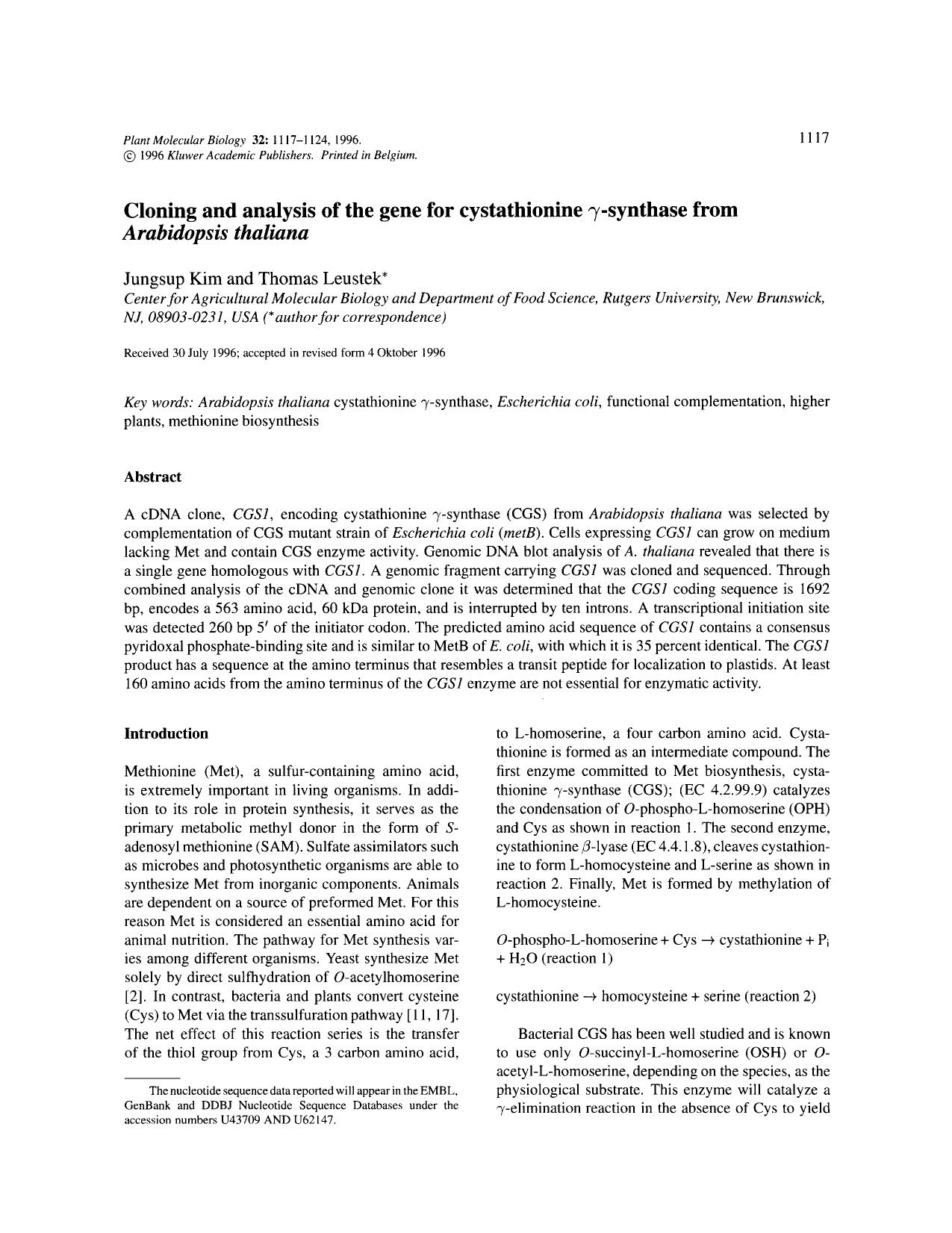 Cloning and analysis of the gene for cystathionine &#x03B3;-synthase from <Emphasis Type="Italic">Arabidopsis thaliana <Emphasis> by Unknown