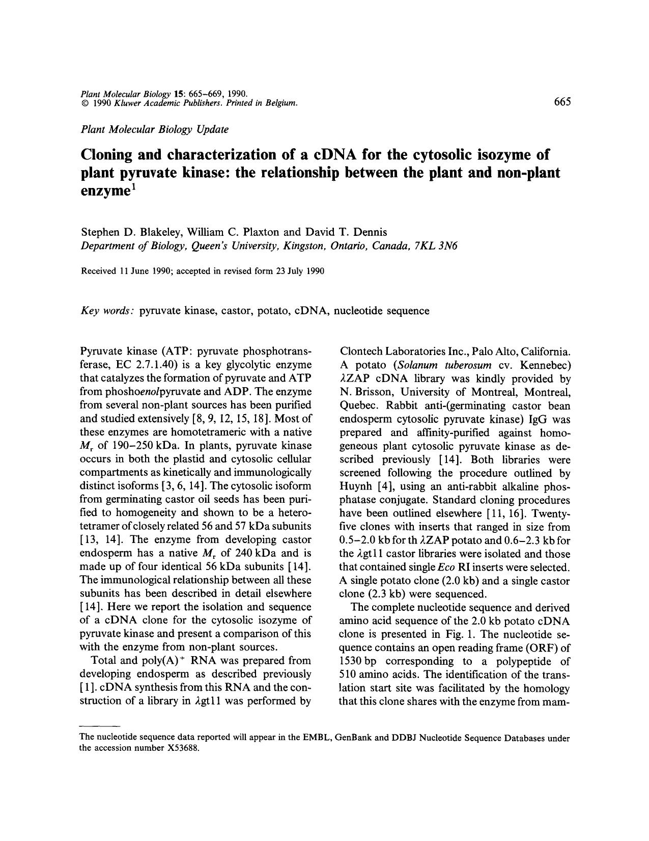Cloning and characterization of a cDNA for the cytosolic isozyme of plant pyruvate kinase: the relationship between the plant and non-plant enzyme by Unknown