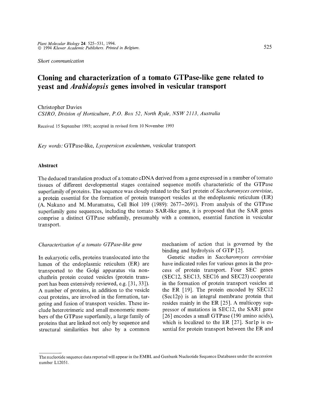 Cloning and characterization of a tomato GTPase-like gene related to yeast and <Emphasis Type="Italic">Arabidopsis<Emphasis> genes involved in vesicular transport by Unknown