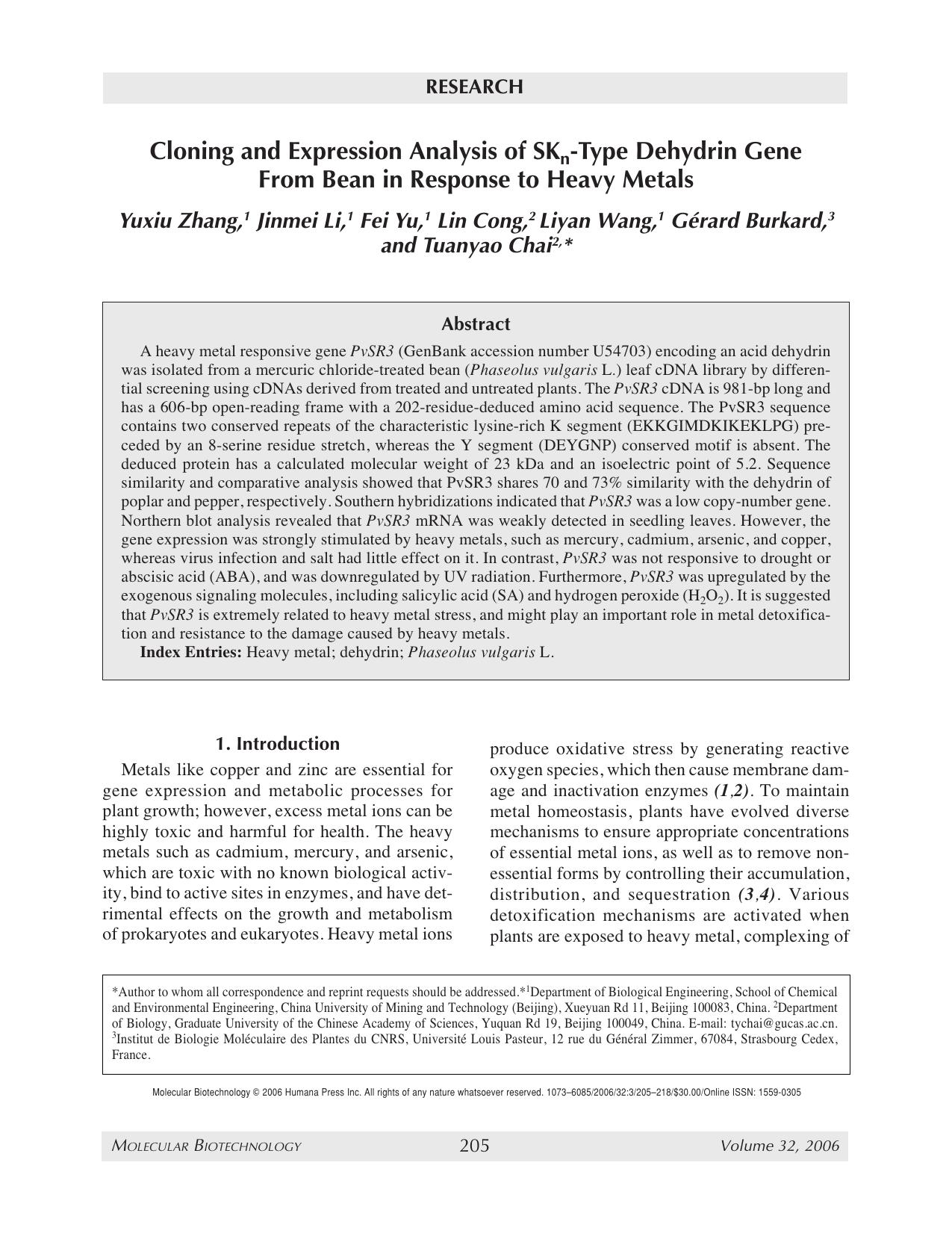 Cloning and expression analysis of SK <Subscript>n <Subscript>-type dehydrin gene from bean in response to heavy metals by Unknown