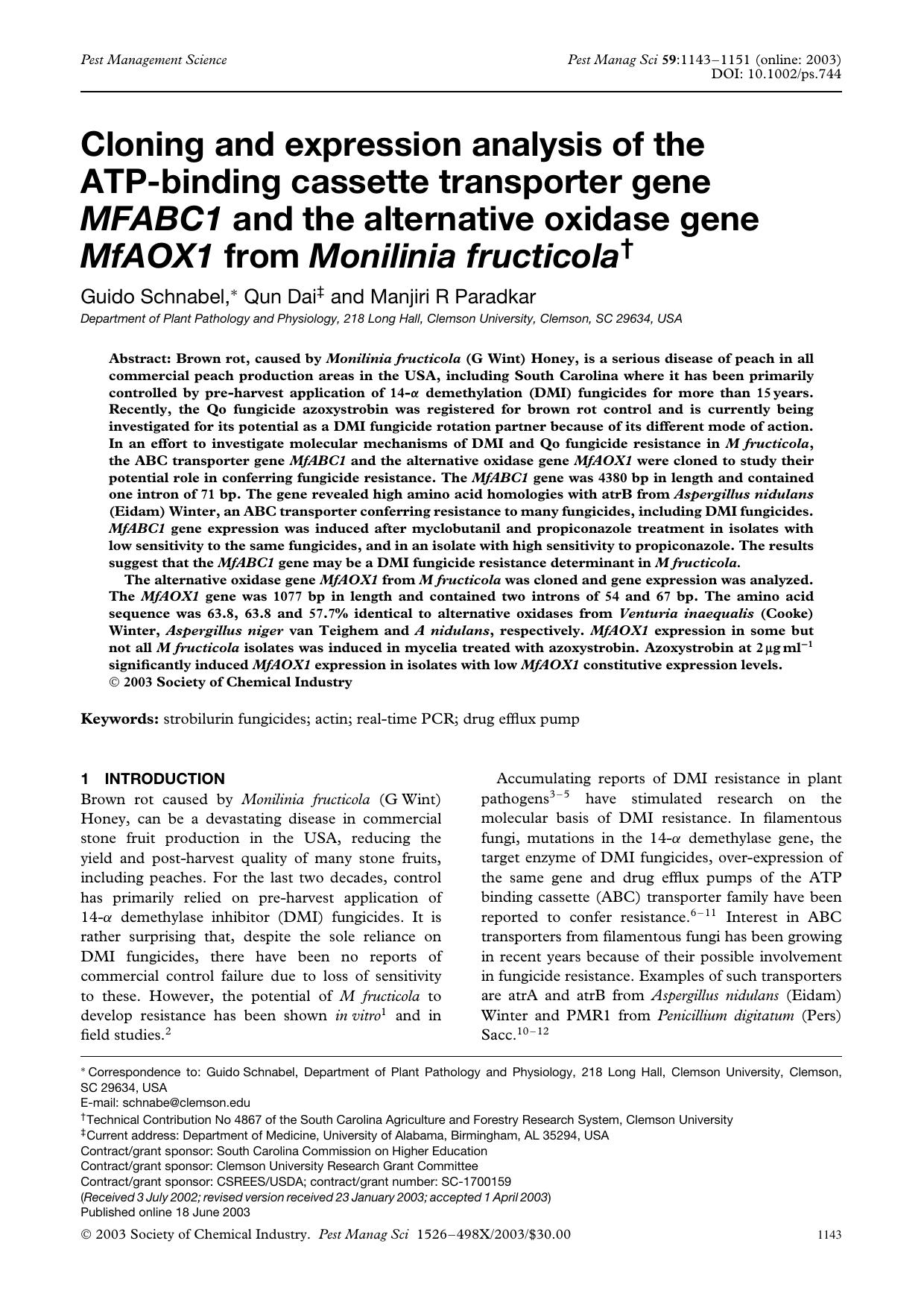 Cloning and expression analysis of the ATP-binding cassette transporter gene MFABC1 and the alternative oxidase gene MfAOX1 from Monilinia fructicola by Unknown