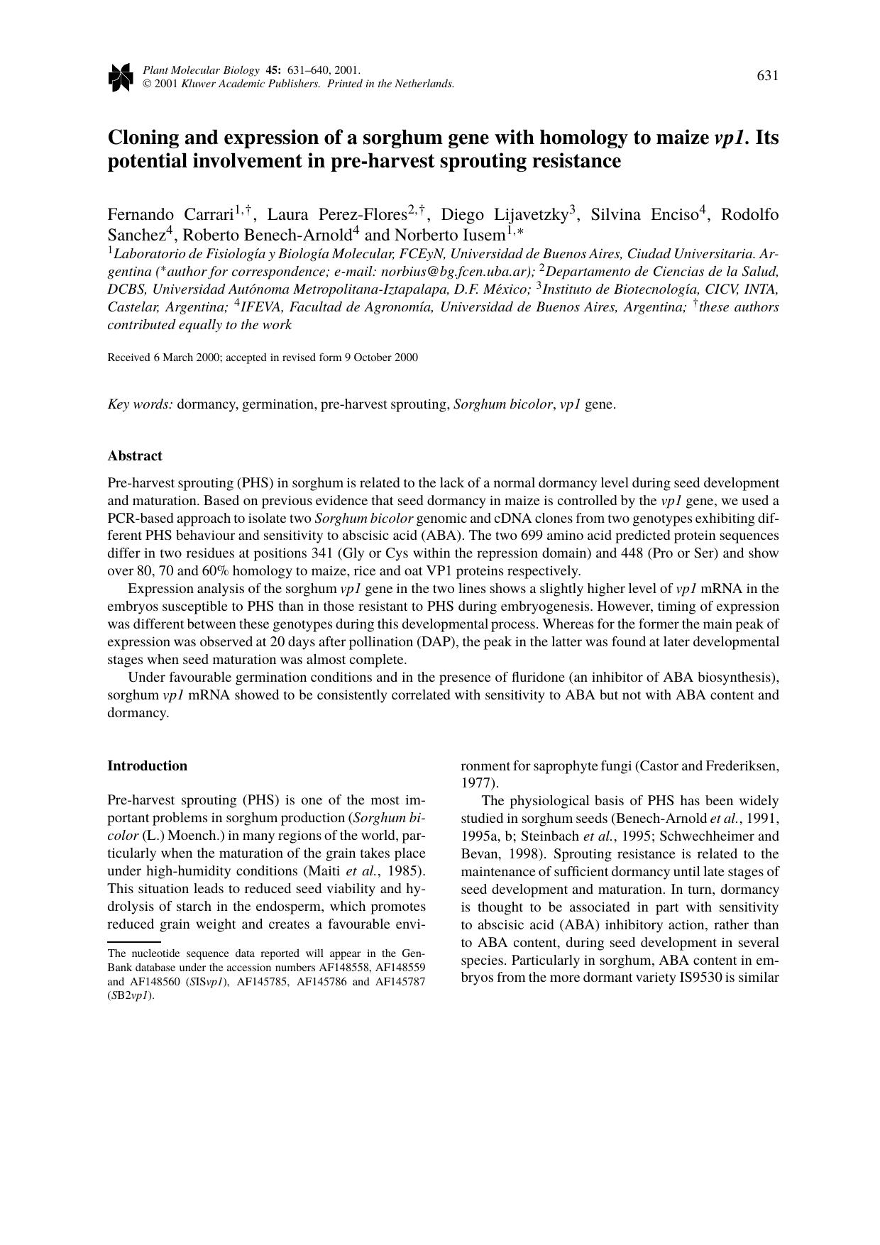 Cloning and expression of a sorghum gene with homology to maize vp1. Its potential involvement in pre-harvest sprouting resistance by Unknown