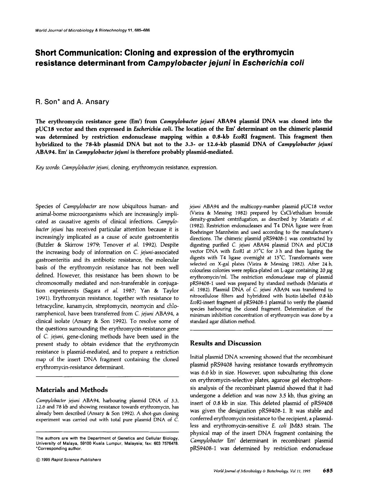 Cloning and expression of the erythromycin resistance determinant from <Emphasis Type="Italic">Campylobacter jejuni<Emphasis> in <Emphasis Type="Italic">Escherichia coli<Emphasis> by Unknown
