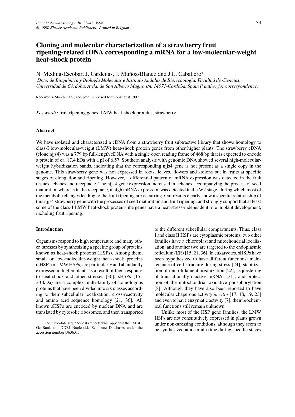 Cloning and molecular characterization of a strawberry fruit ripening-related cDNA corresponding a mRNA for a low-molecular-weight heat-shock protein by Unknown