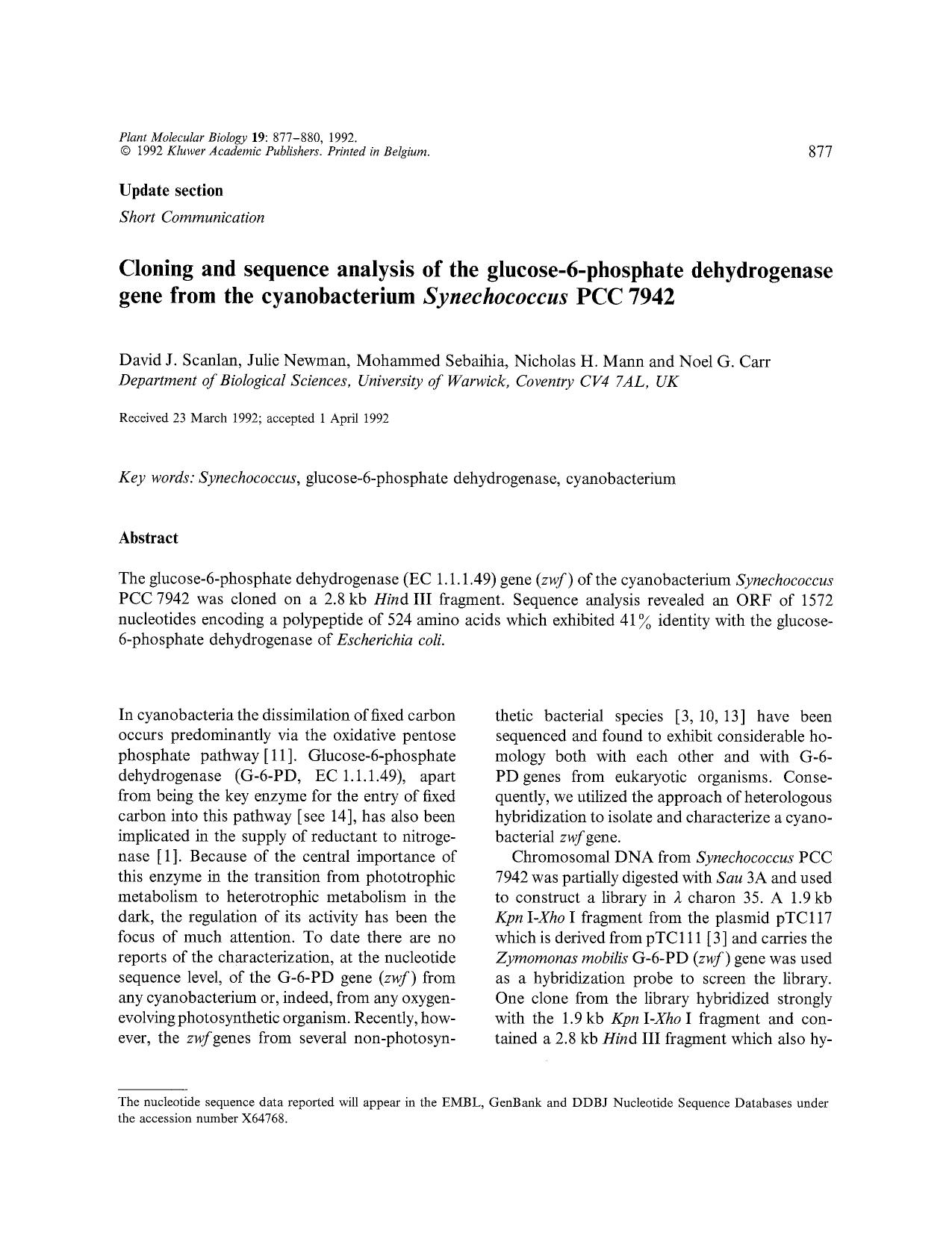 Cloning and sequence analysis of the glucose-6-phosphate dehydrogenase gene from the cyanobacterium <Emphasis Type="Italic">Synechococcus<Emphasis> PCC 7942 by Unknown