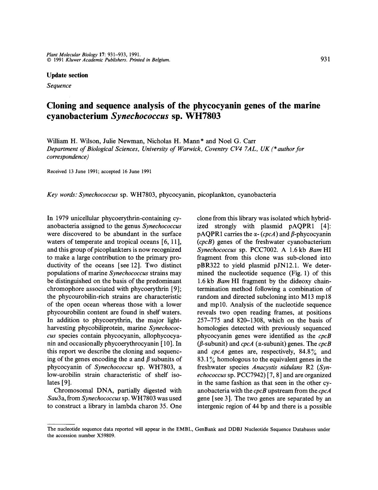 Cloning and sequence analysis of the phycocyanin genes of the marine cyanobacterium <Emphasis Type="Italic">Synechococcus <Emphasis> sp. WH7803 by Unknown