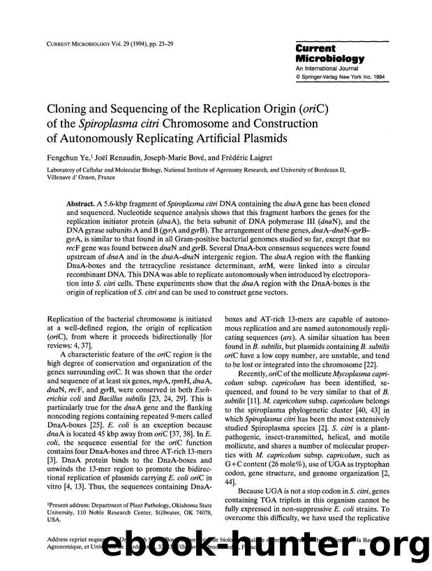 Cloning and sequencing of the replication origin ( <Emphasis Type="Italic">ori <Emphasis>C) of the <Emphasis Type="Italic">Spiroplasma citri <Emphasis> chromosome and construction  by Unknown
