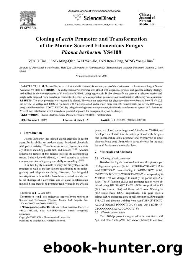 Cloning of actin Promoter and Transformation of the Marine-Sourced Filamentous Fungus Phoma herbarum YS4108 by ZHOU; Tian FENG; Ming-Qian WEI; Wen-Jie TAN; Ren-Xiang SONG