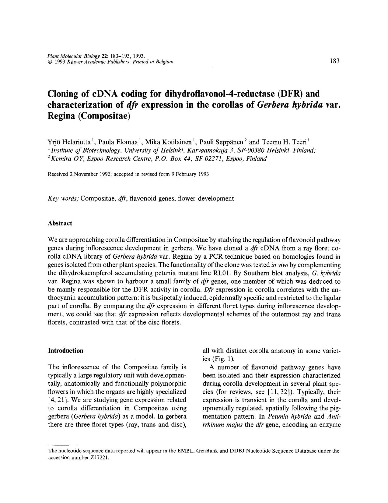 Cloning of cDNA coding for dihydroflavonol-4-reductase (DFR) and characterization of <Emphasis Type="Italic">dfr <Emphasis> expression in the corollas of <Emphasis Type="Italic"> by Unknown