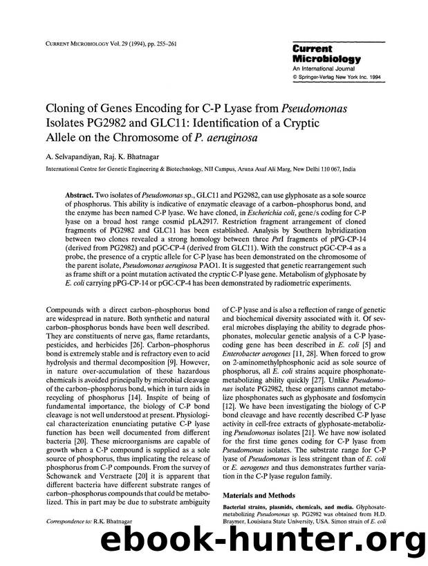 Cloning of genes encoding for C-P lyase from <Emphasis Type="Italic">Pseudomonas <Emphasis> isolates PG2982 and GLC11: Identification of a cryptic allele on the chromosome of <Emph by Unknown