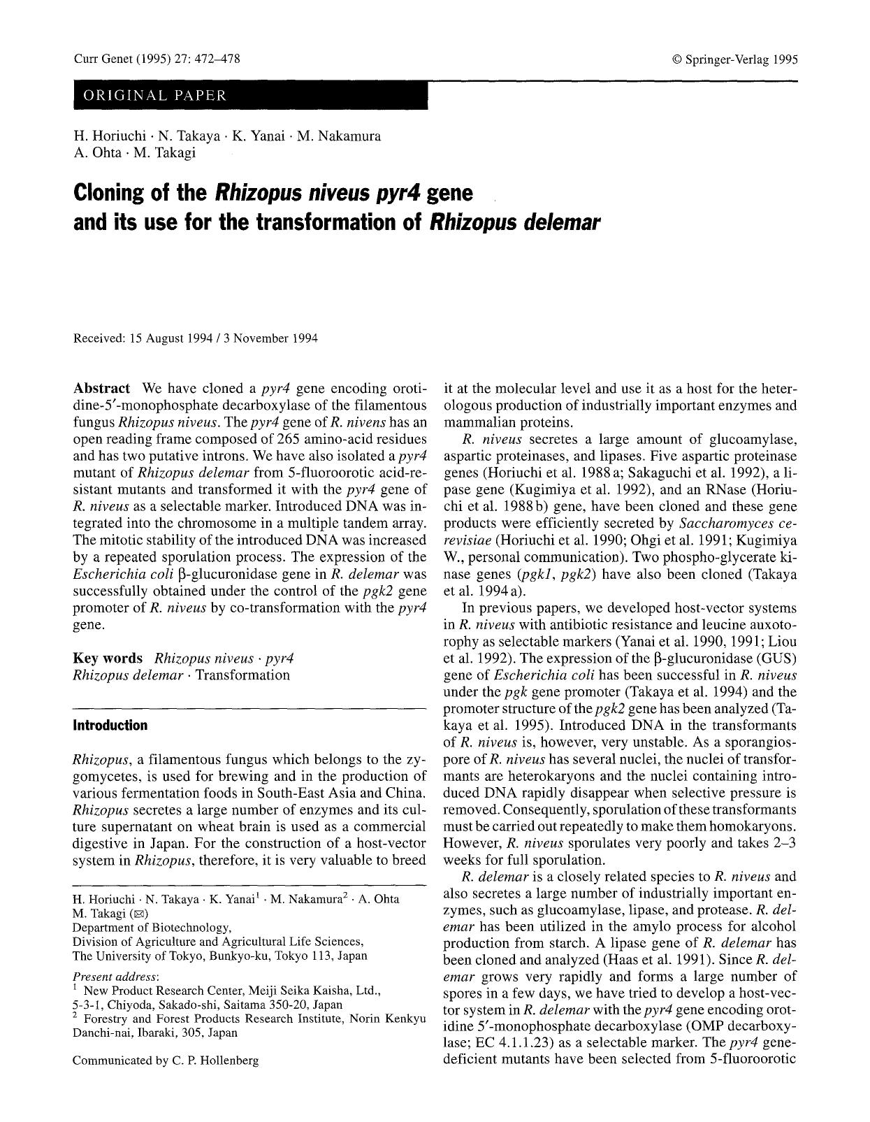 Cloning of the <Emphasis Type="Italic">Rhizopus niveus pyr4<Emphasis> gene and its use for the transformation of <Emphasis Type="Italic">Rhizopus delemar<Emphasis> by Unknown