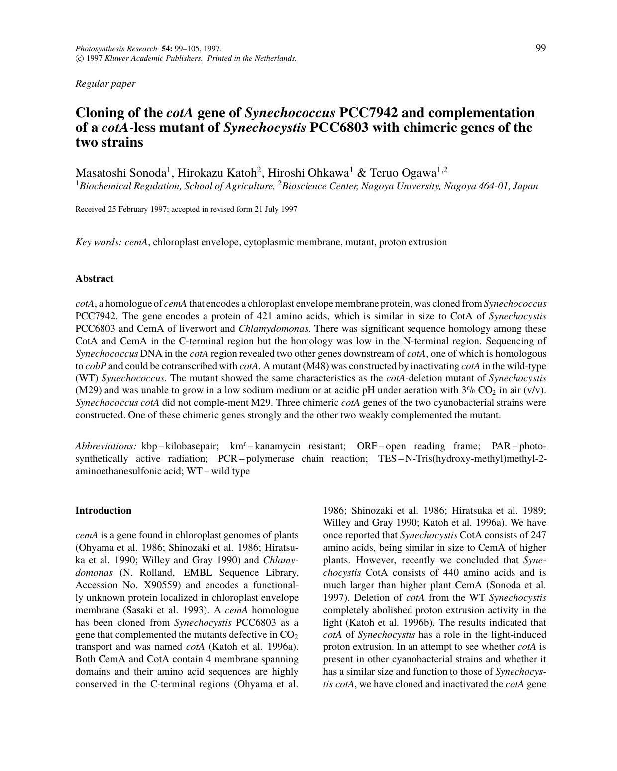 Cloning of the cotA gene of Synechococcus PCC7942 and complementation of a cotA-less mutant of Synechocystis PCC6803 with chimeric genes of the two strains by Unknown