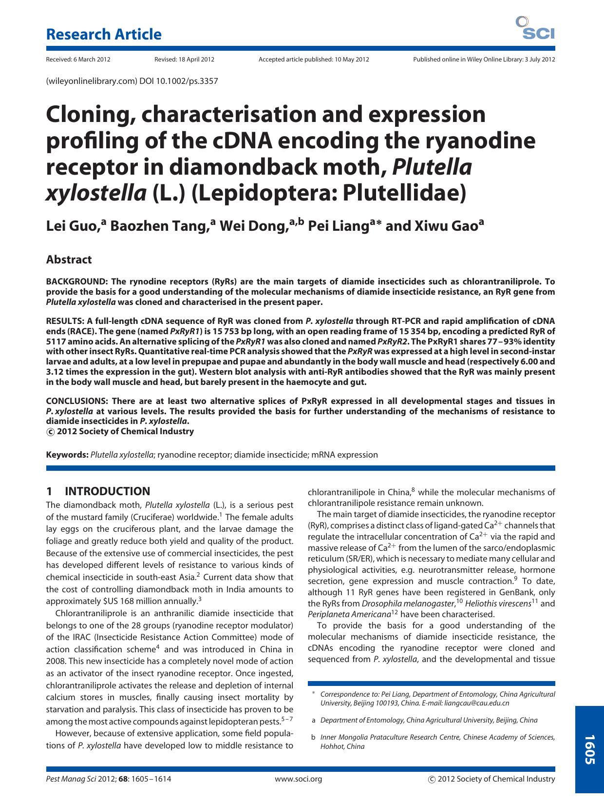 Cloning, characterisation and expression profiling of the cDNA encoding the ryanodine receptor in diamondback moth, Plutella xylostella (L.) (Lepidoptera: Plutellidae) by Unknown