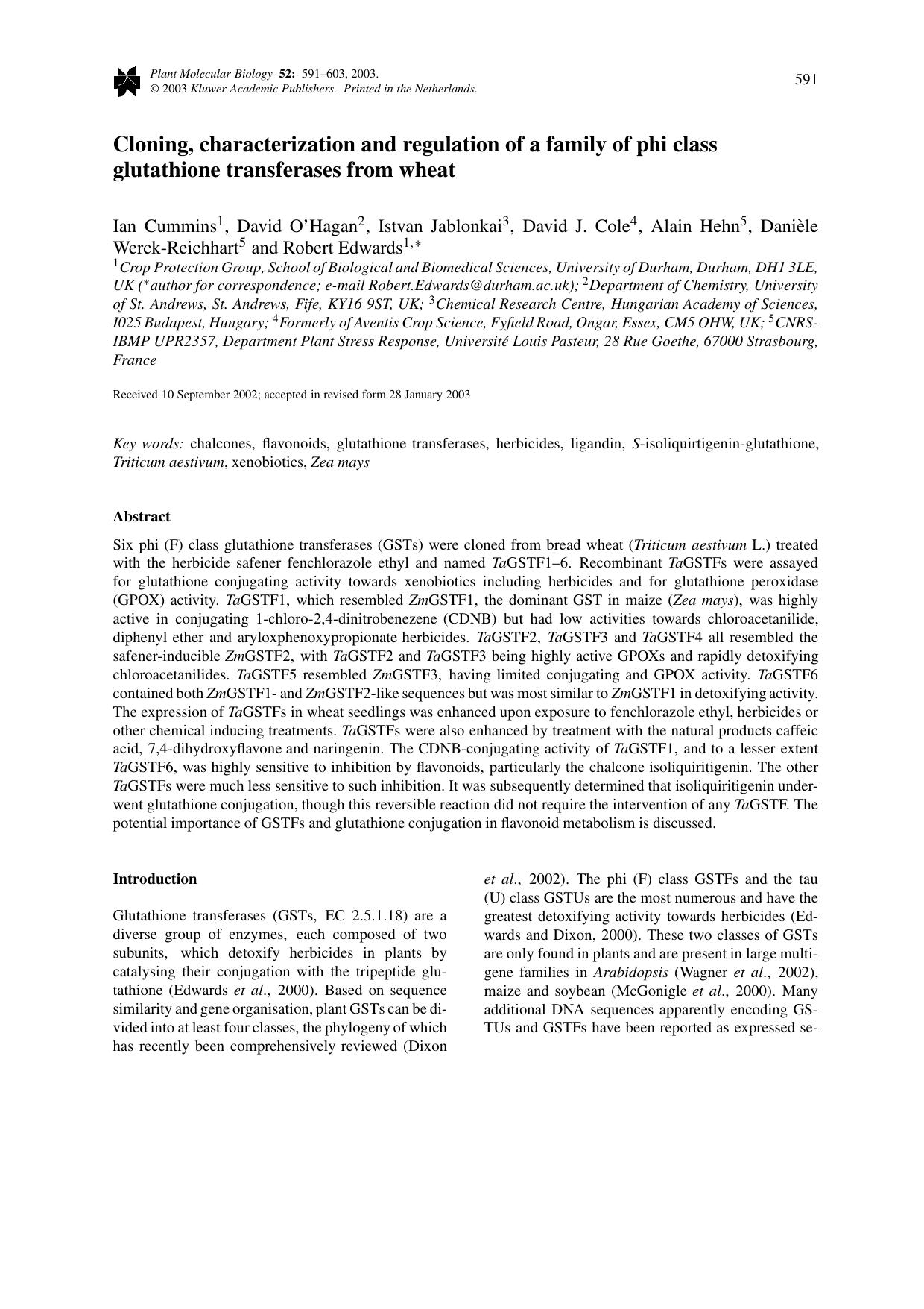 Cloning, characterization and regulation of a family of phi class glutathione transferases from wheat by Unknown