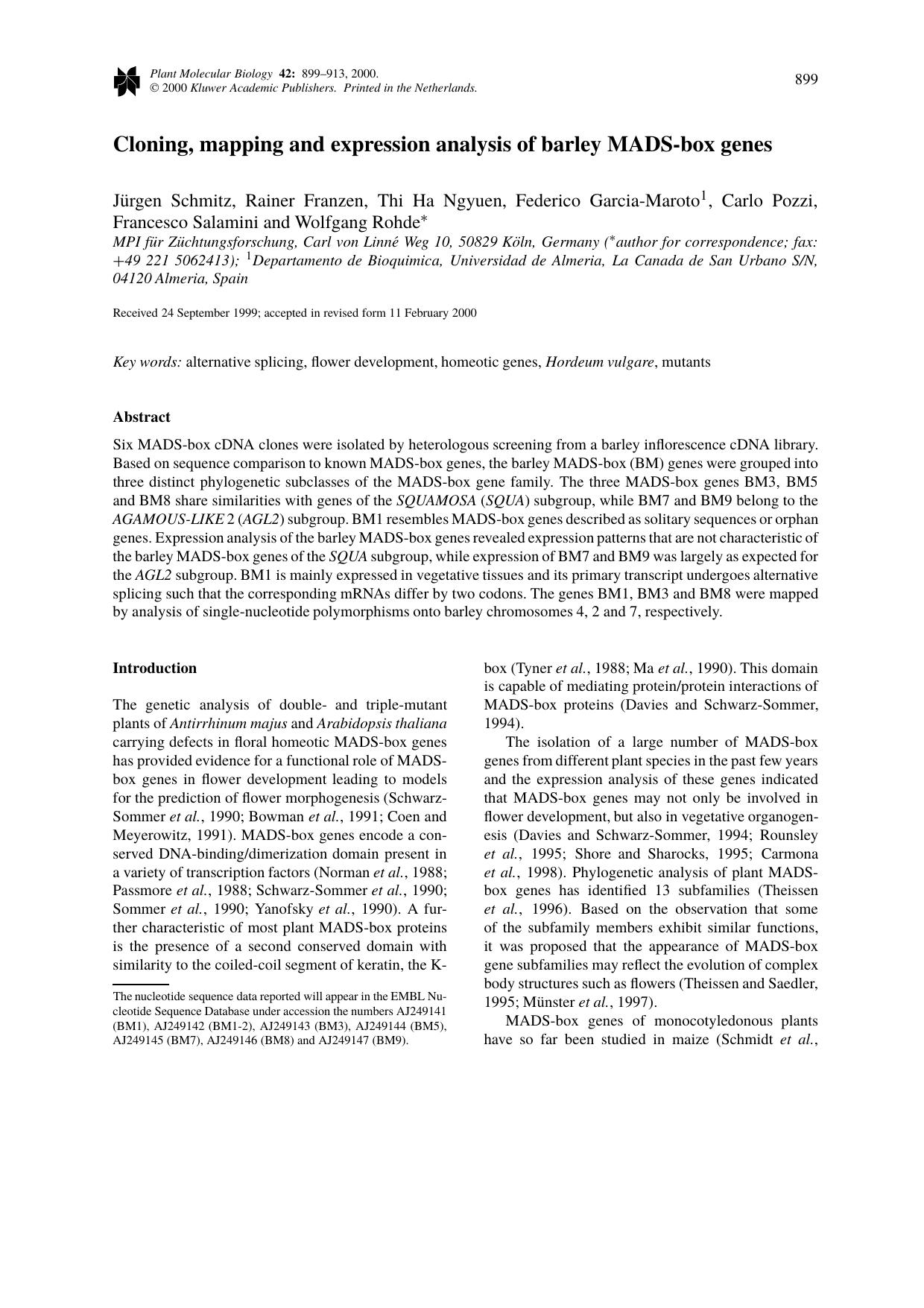 Cloning, mapping and expression analysis of barley MADS-box genes by Unknown