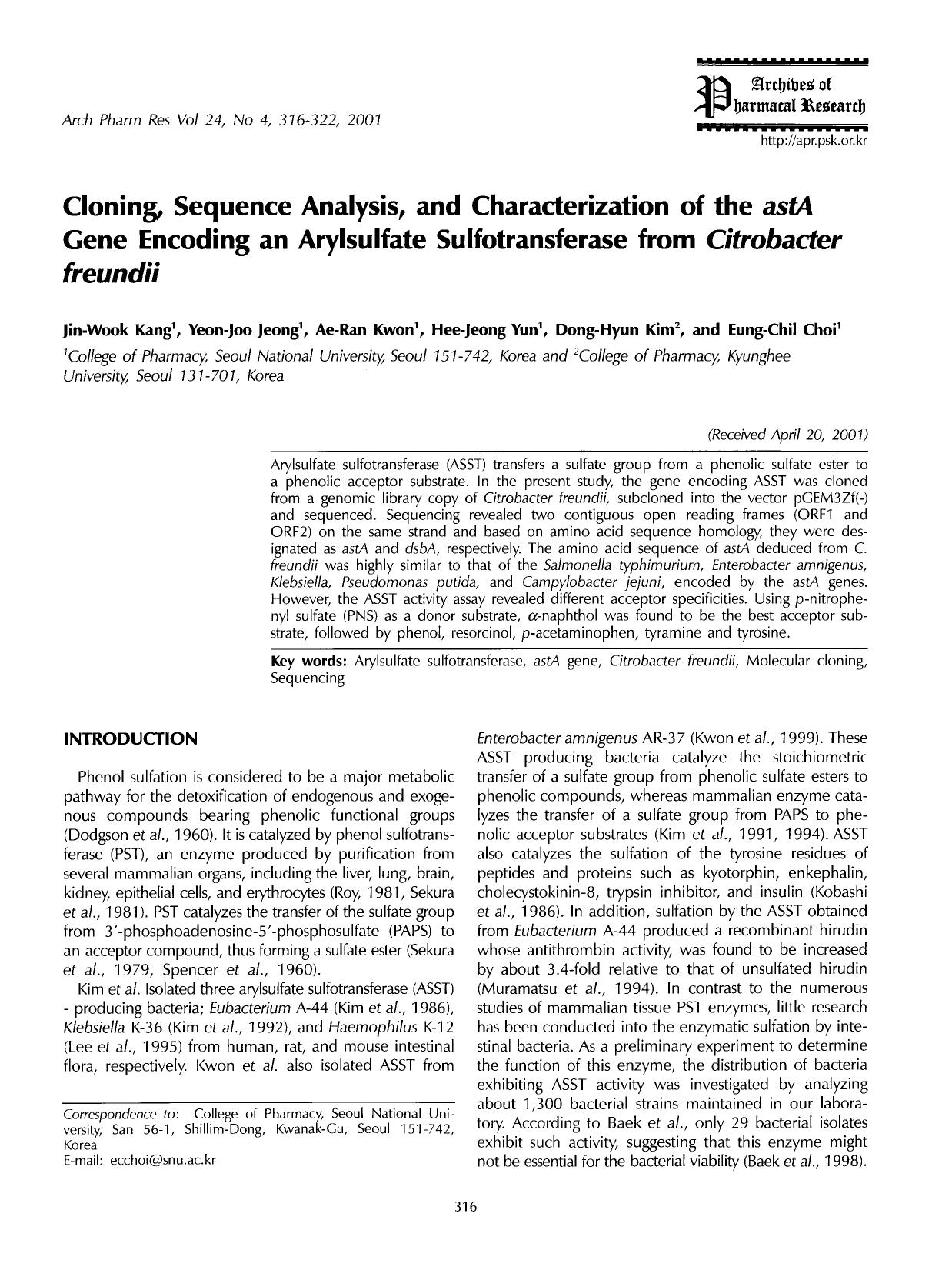 Cloning, sequence analysis, and characterization of the <Emphasis Type="Italic">astA <Emphasis> gene encoding an Arylsulfate sulfotransferase from <Emphasis Type="Italic">Citrobact by Unknown