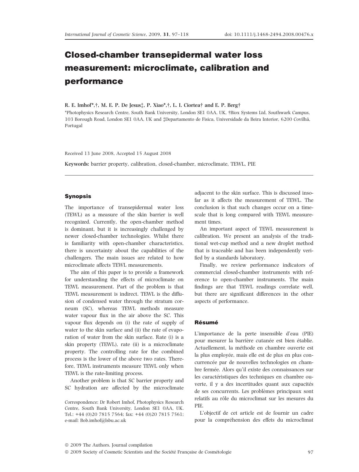 Closed-chamber transepidermal water loss measurement: microclimate, calibration and performance by Unknown