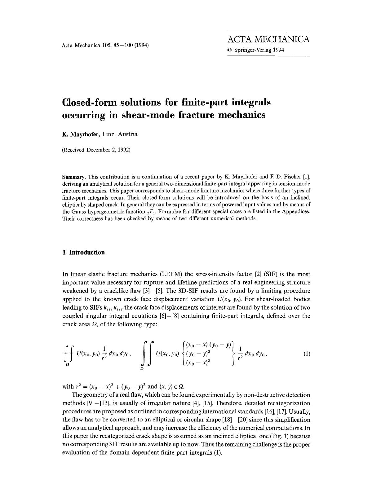 Closed-form solutions for finite-part integrals occurring in shear-mode fracture mechanics by Unknown