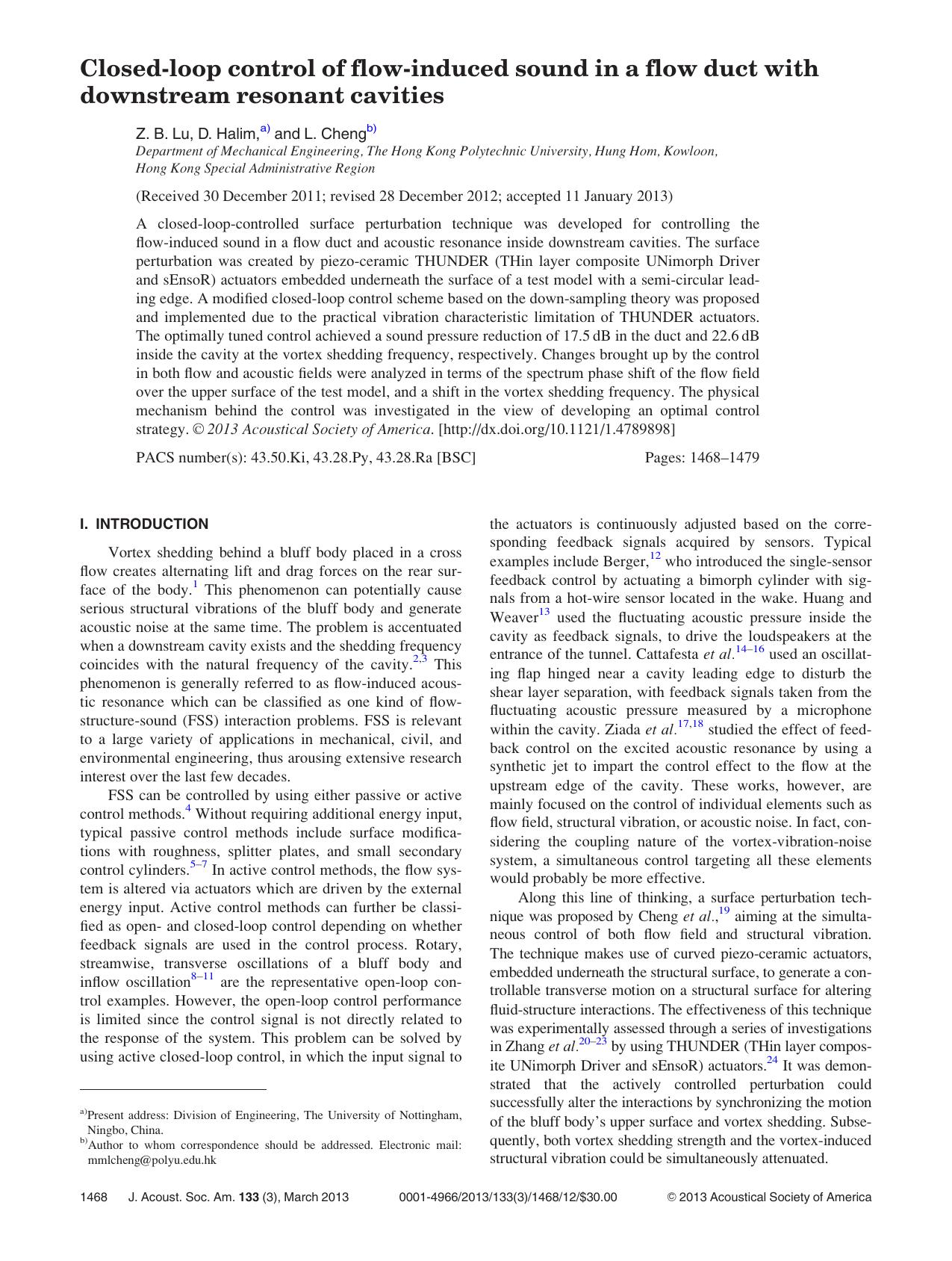 Closed-loop control of flow-induced sound in a flow duct with downstream resonant cavities by Z. B. Lu D. Halim a) and L. Chengb)