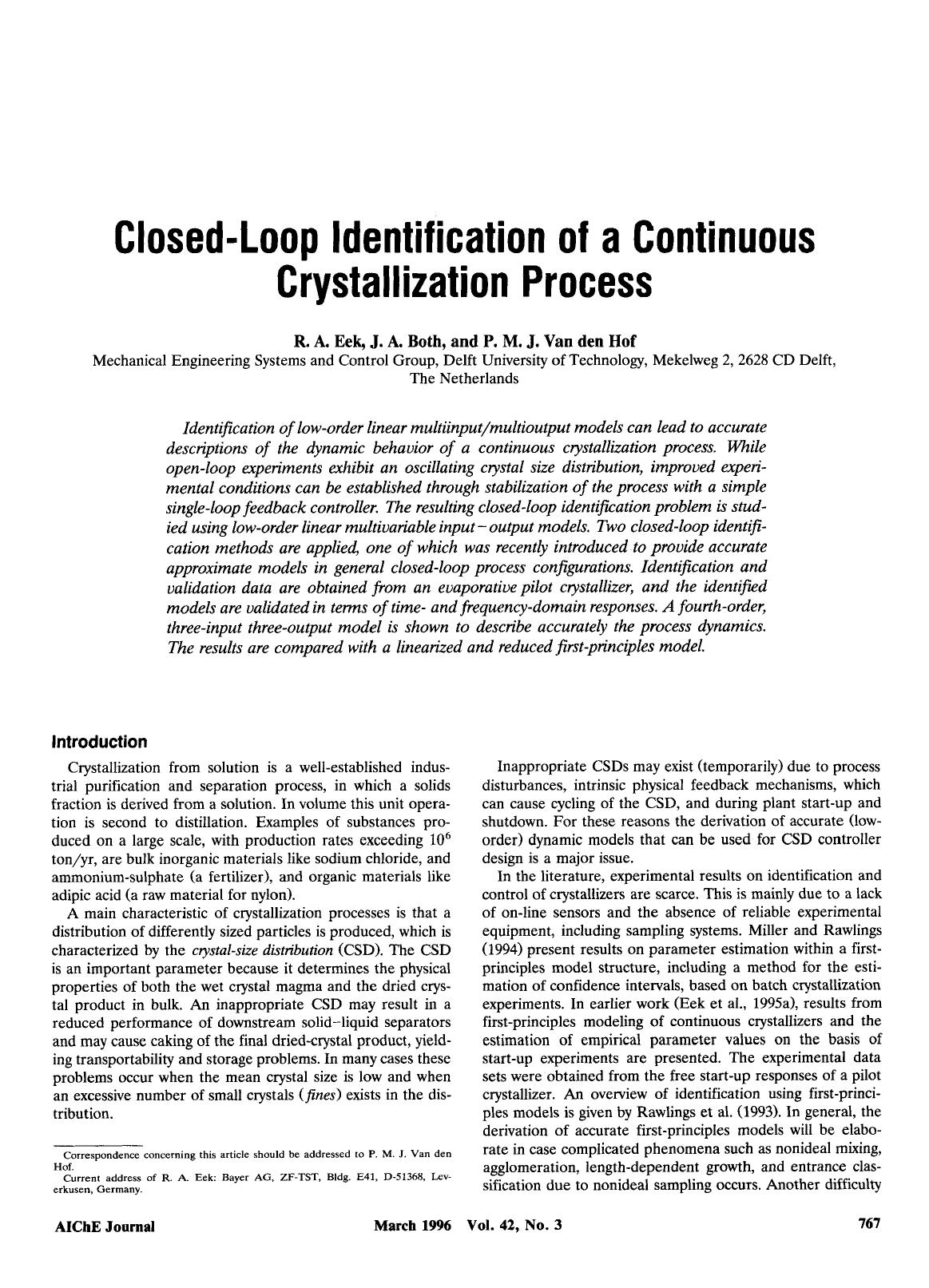 Closed-loop identification of a continuous crystallization process by Unknown