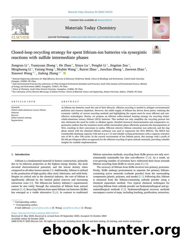 Closed-loop recycling strategy for spent lithium-ion batteries via synergistic reactions with sulfide intermediate phases by unknow