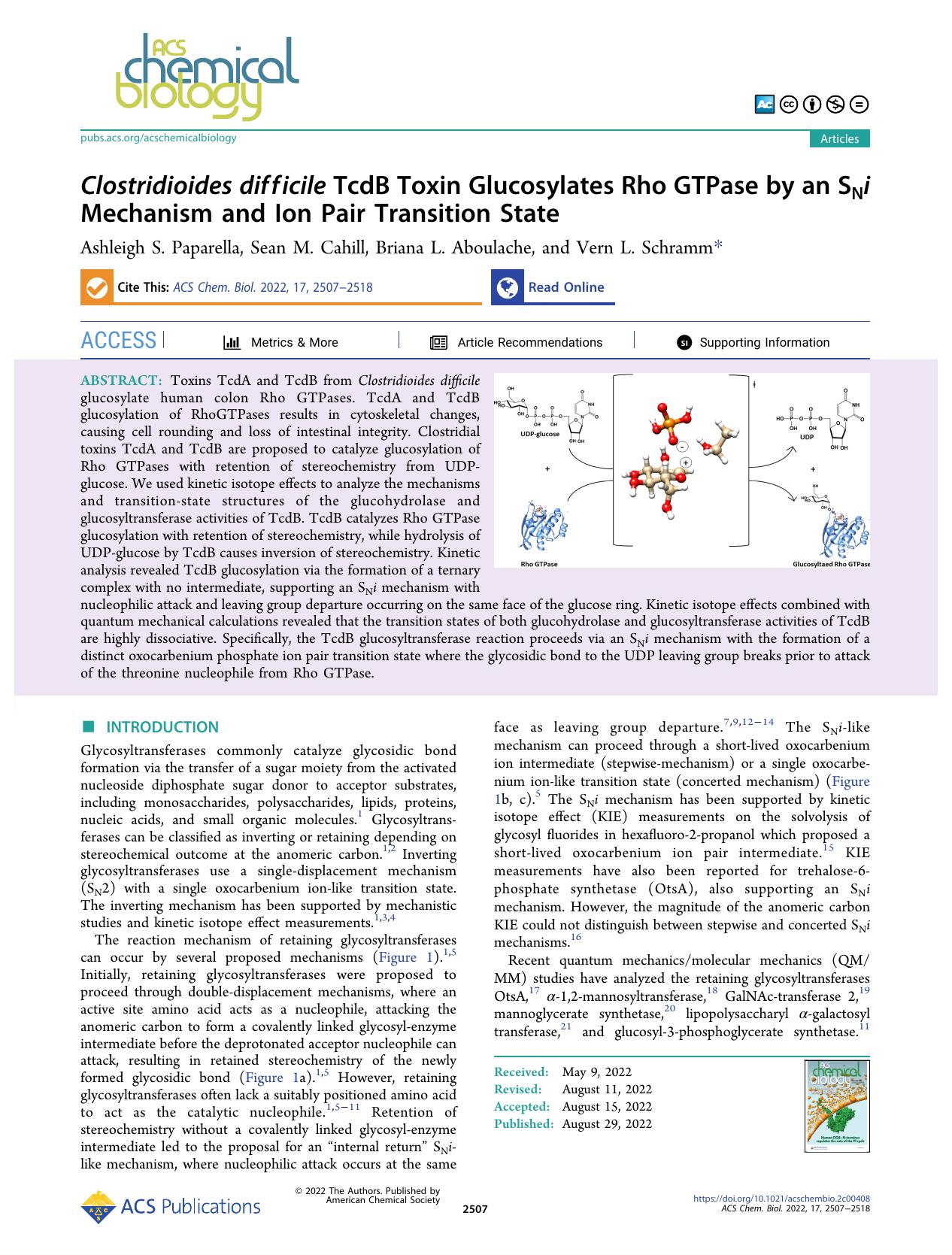 Clostridioides difficile TcdB Toxin Glucosylates Rho GTPase by an SNi Mechanism and Ion Pair Transition State by Ashleigh S. Paparella Sean M. Cahill Briana L. Aboulache and Vern L. Schramm