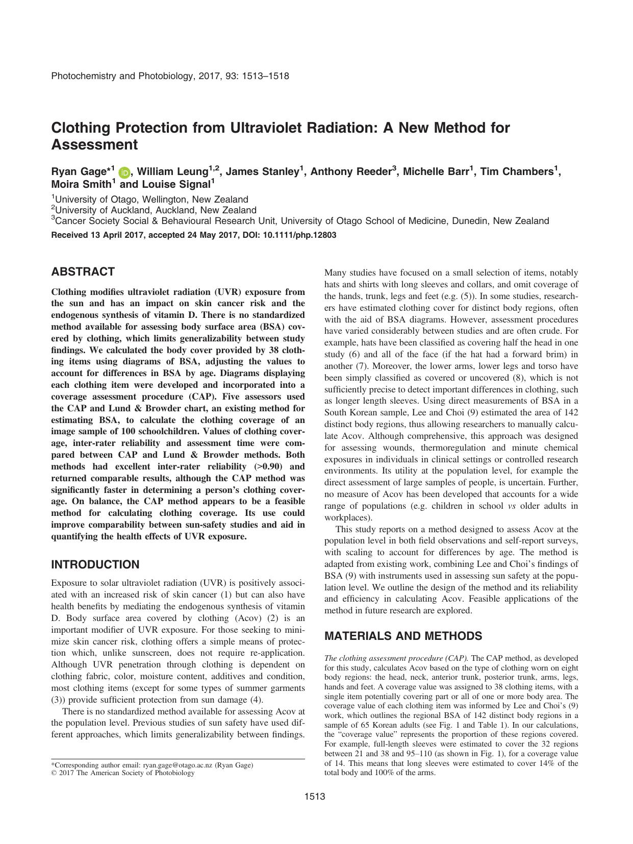 Clothing Protection from Ultraviolet Radiation: A New Method for Assessment by Unknown