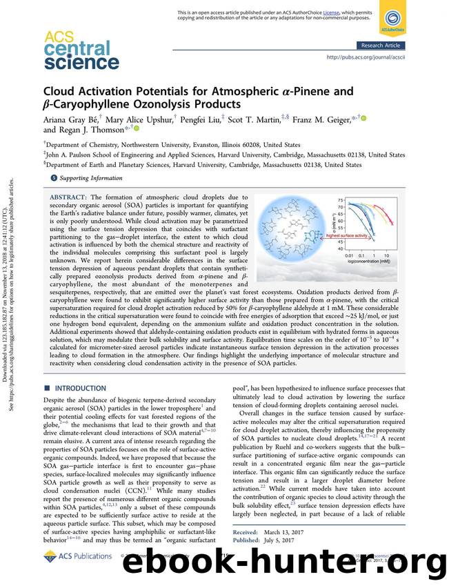 Cloud Activation Potentials for Atmospheric Î±-Pinene and Î²-Caryophyllene Ozonolysis Products by Ariana Gray Bé Mary Alice Upshur Pengfei Liu Scot T. Martin Franz M. Geiger & Regan J. Thomson