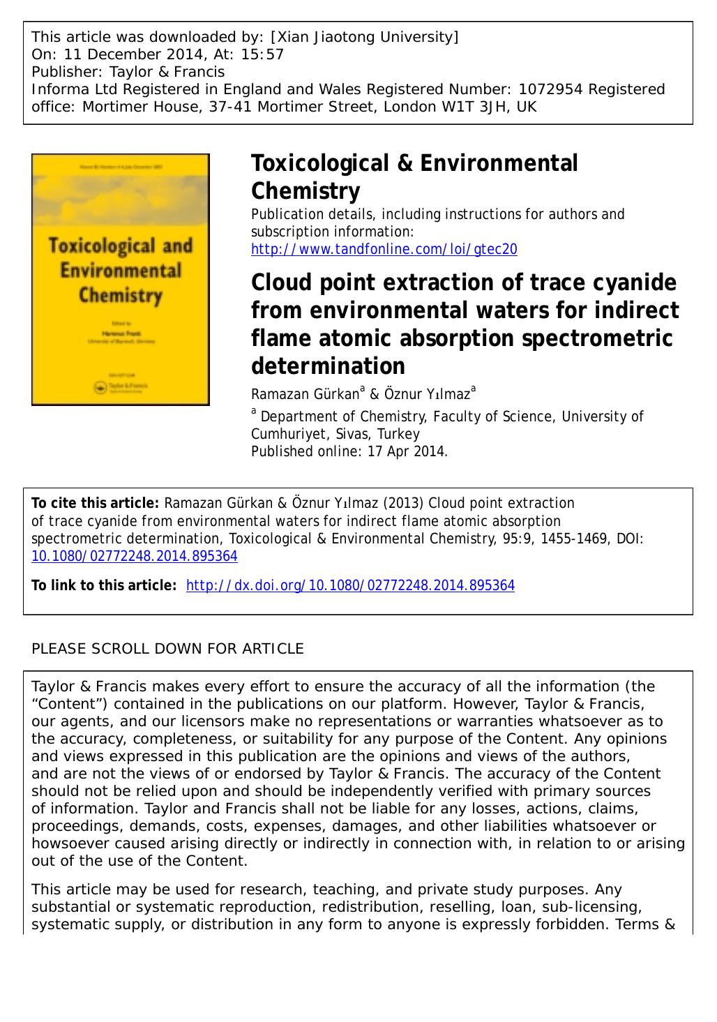 Cloud point extraction of trace cyanide from environmental waters for indirect flame atomic absorption spectrometric determination by Ramazan Gürkan