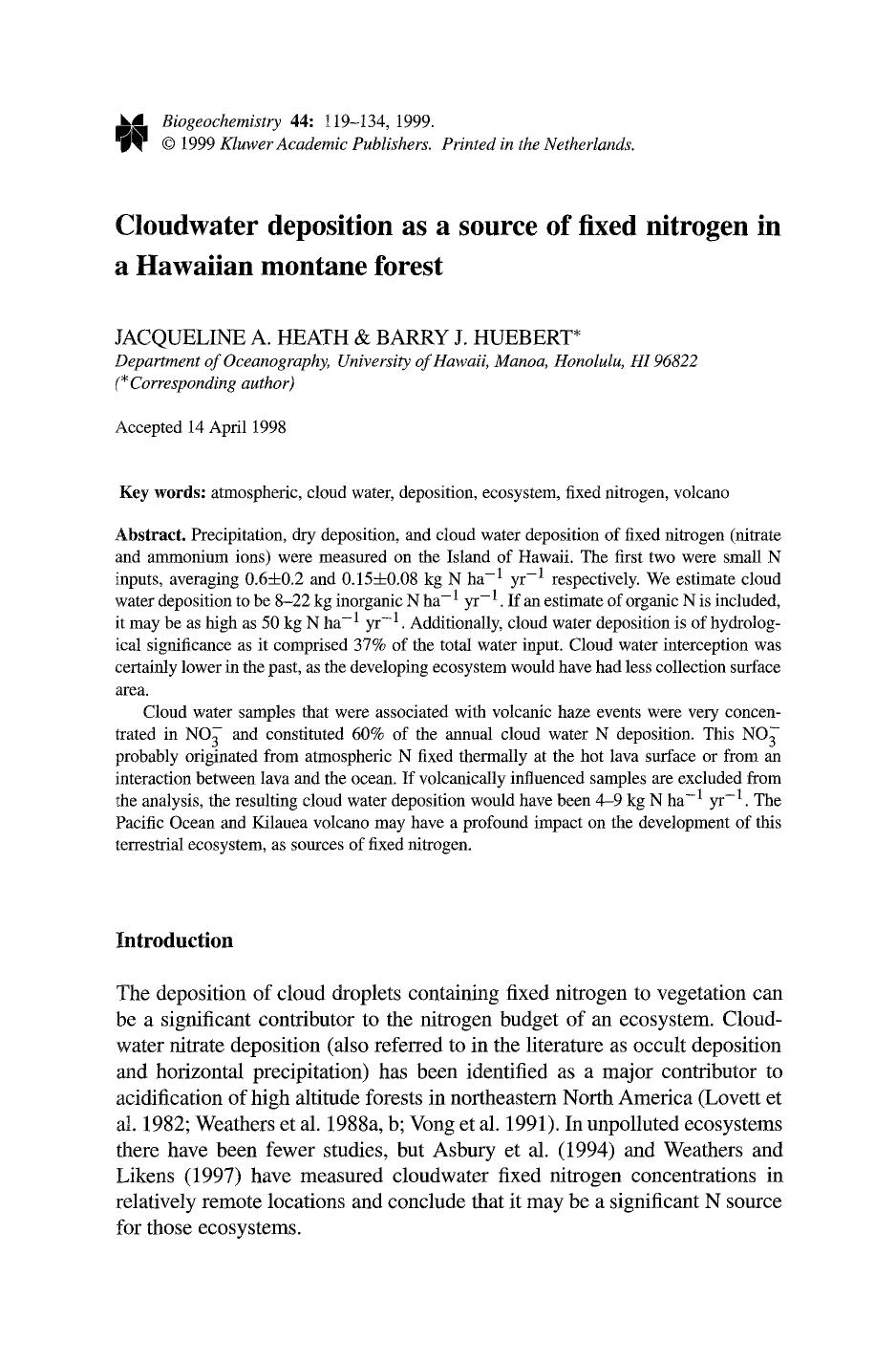 Cloudwater deposition as a source of fixed nitrogen in a Hawaiian montane forest by Unknown